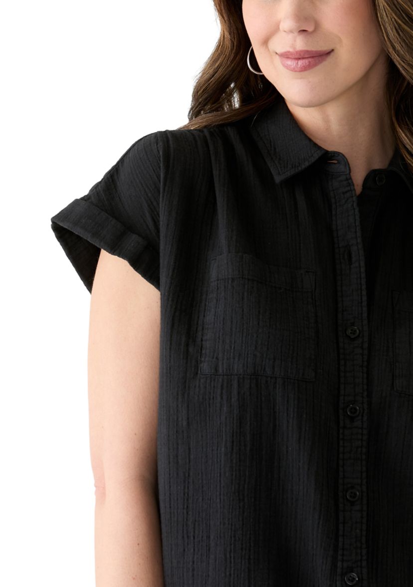 Womens Shirred Shoulder Camp Shirt 