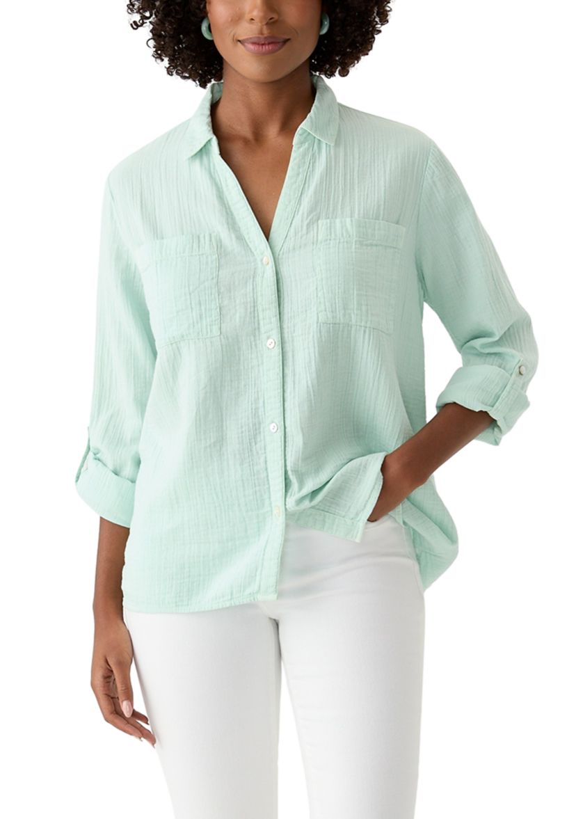 Womens Long Sleeve Collar Gauze Shirt