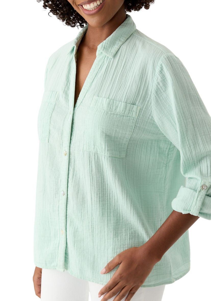 Womens Long Sleeve Collar Gauze Shirt