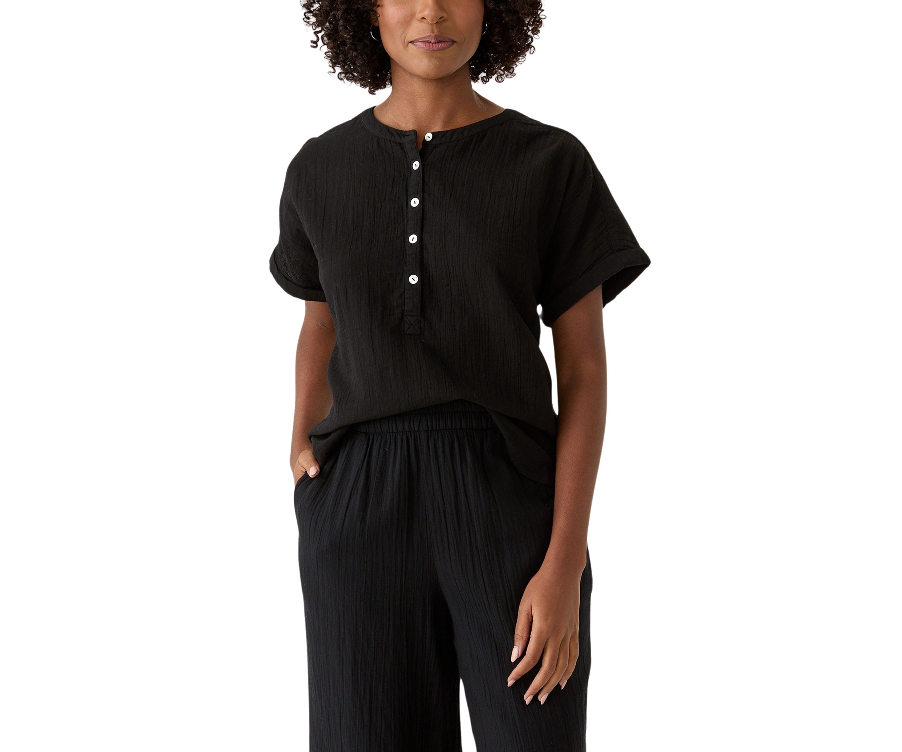 Womens Roll Sleeve Popover Solid Top