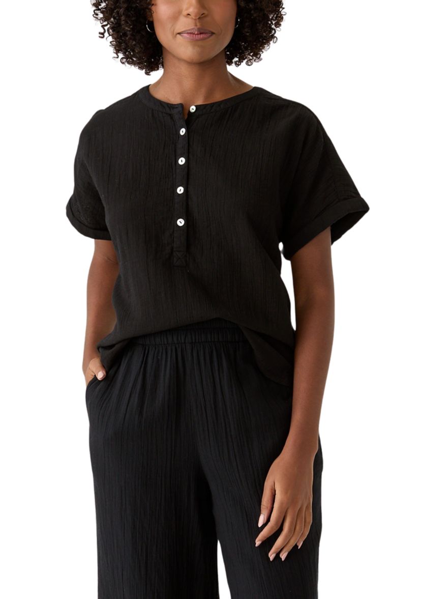 Womens Roll Sleeve Popover Solid Top