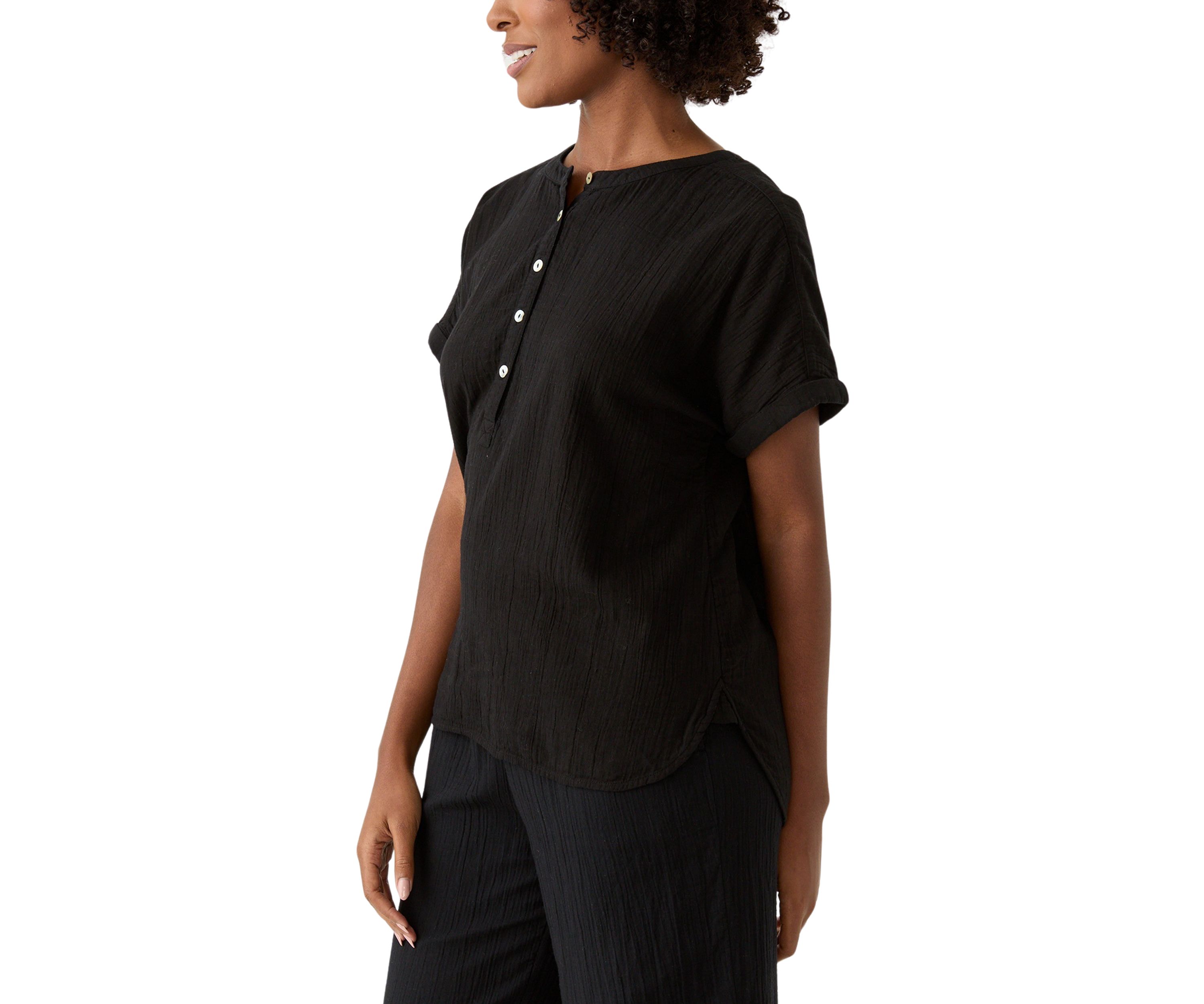 Womens Roll Sleeve Popover Solid Top