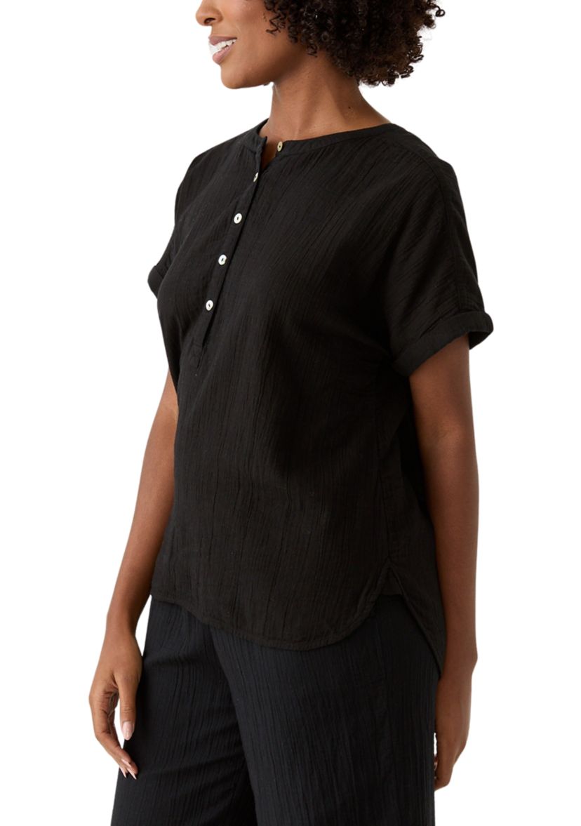 Womens Roll Sleeve Popover Solid Top
