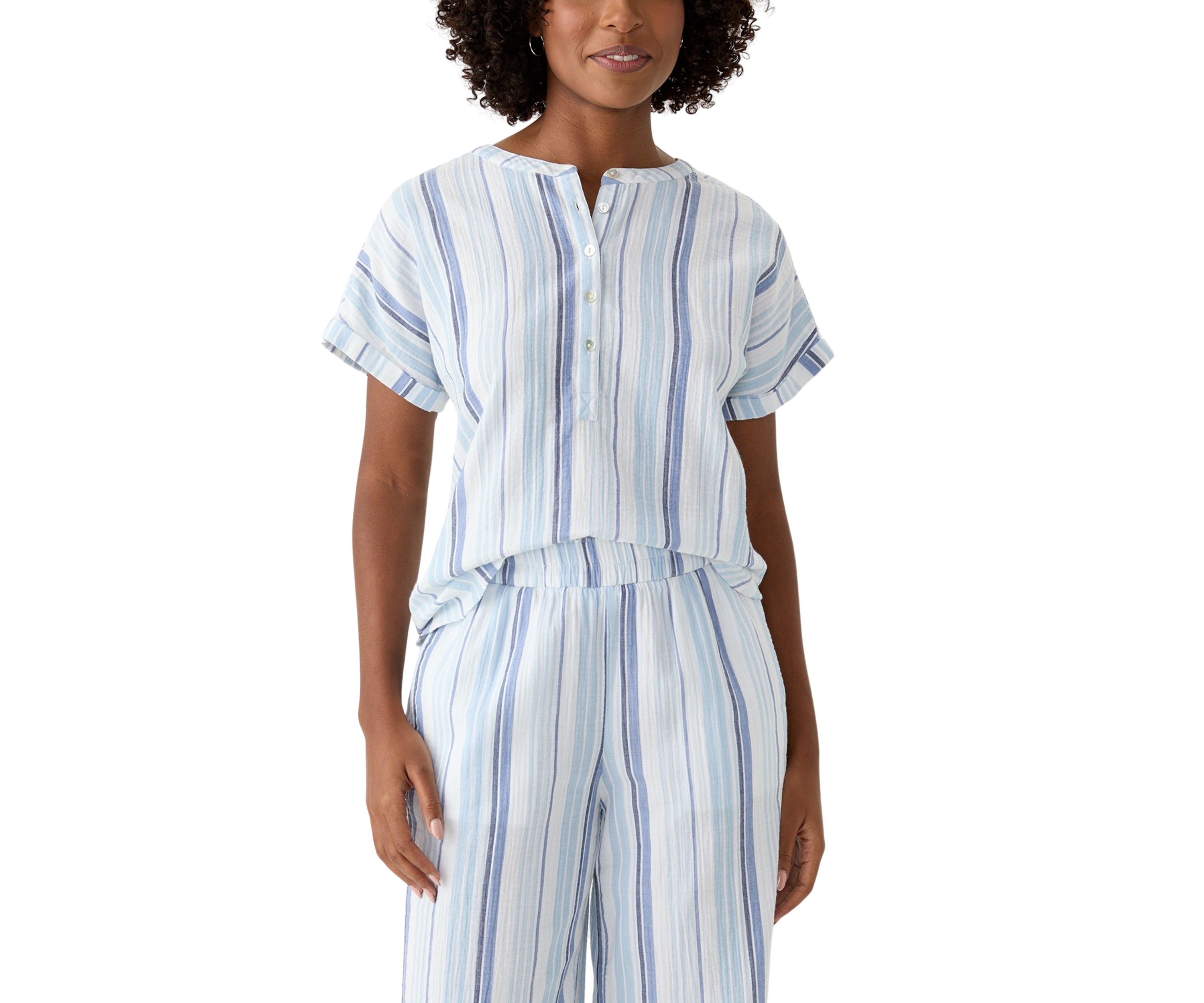Womens Roll Sleeve Popover Yarn Dyed Top