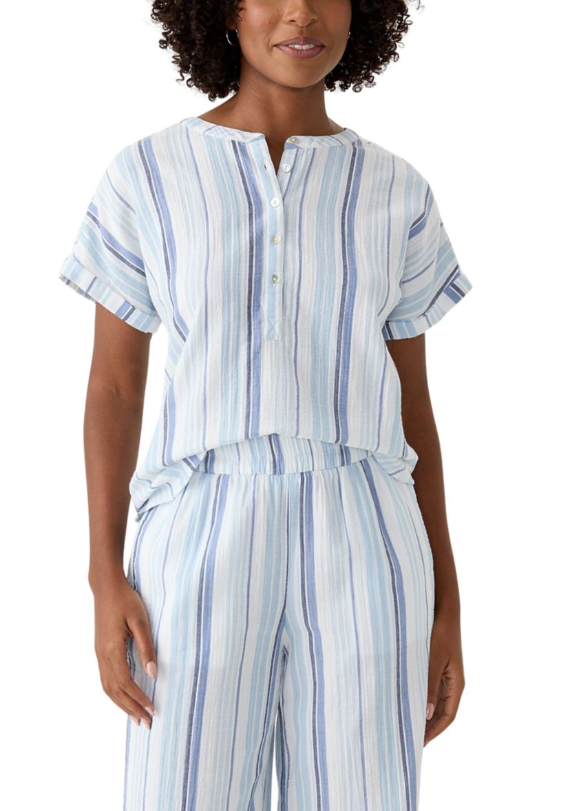 Womens Roll Sleeve Popover Yarn Dyed Top
