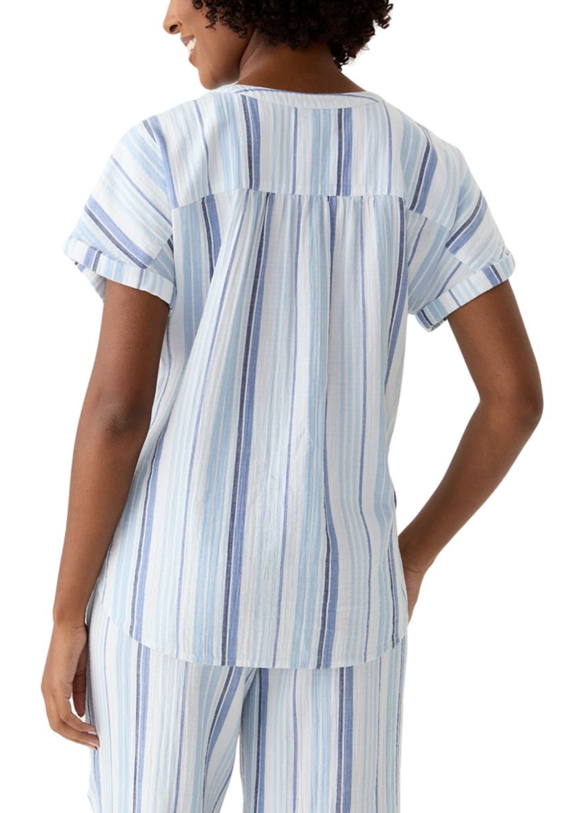 Womens Roll Sleeve Popover Yarn Dyed Top