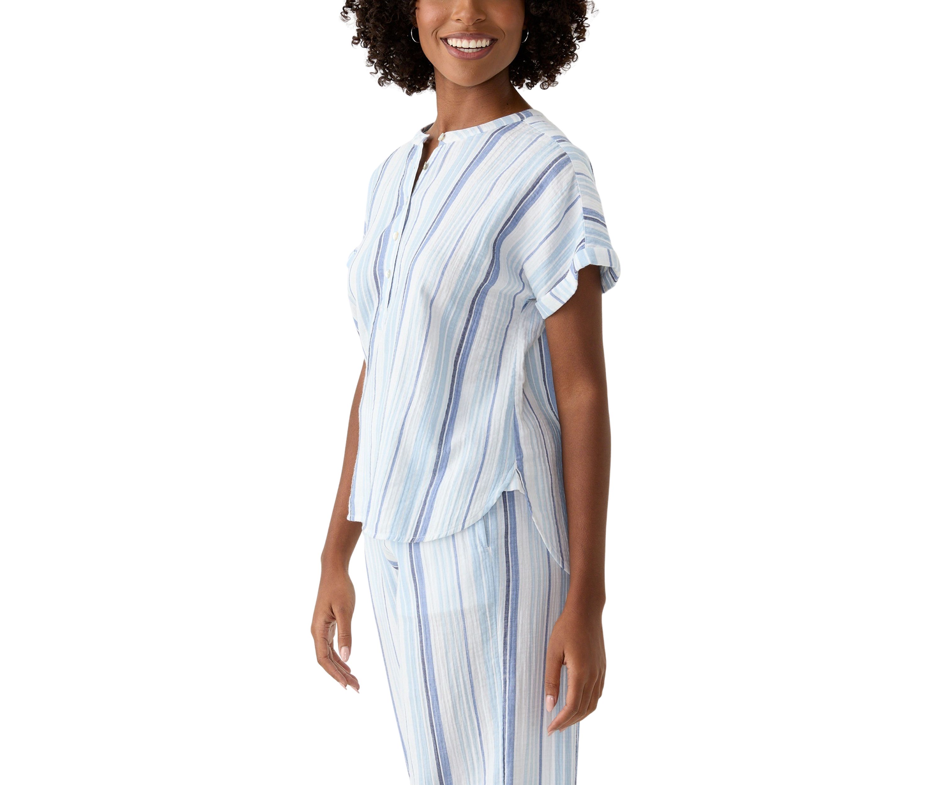 Womens Roll Sleeve Popover Yarn Dyed Top