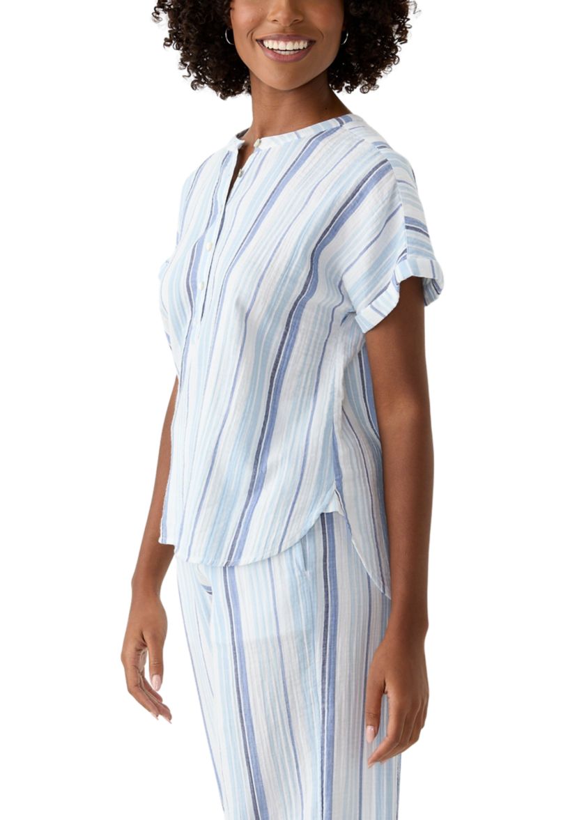 Womens Roll Sleeve Popover Yarn Dyed Top