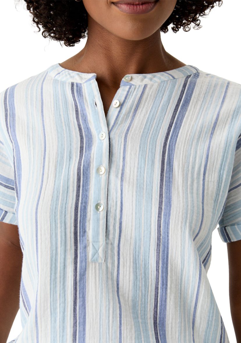 Womens Roll Sleeve Popover Yarn Dyed Top
