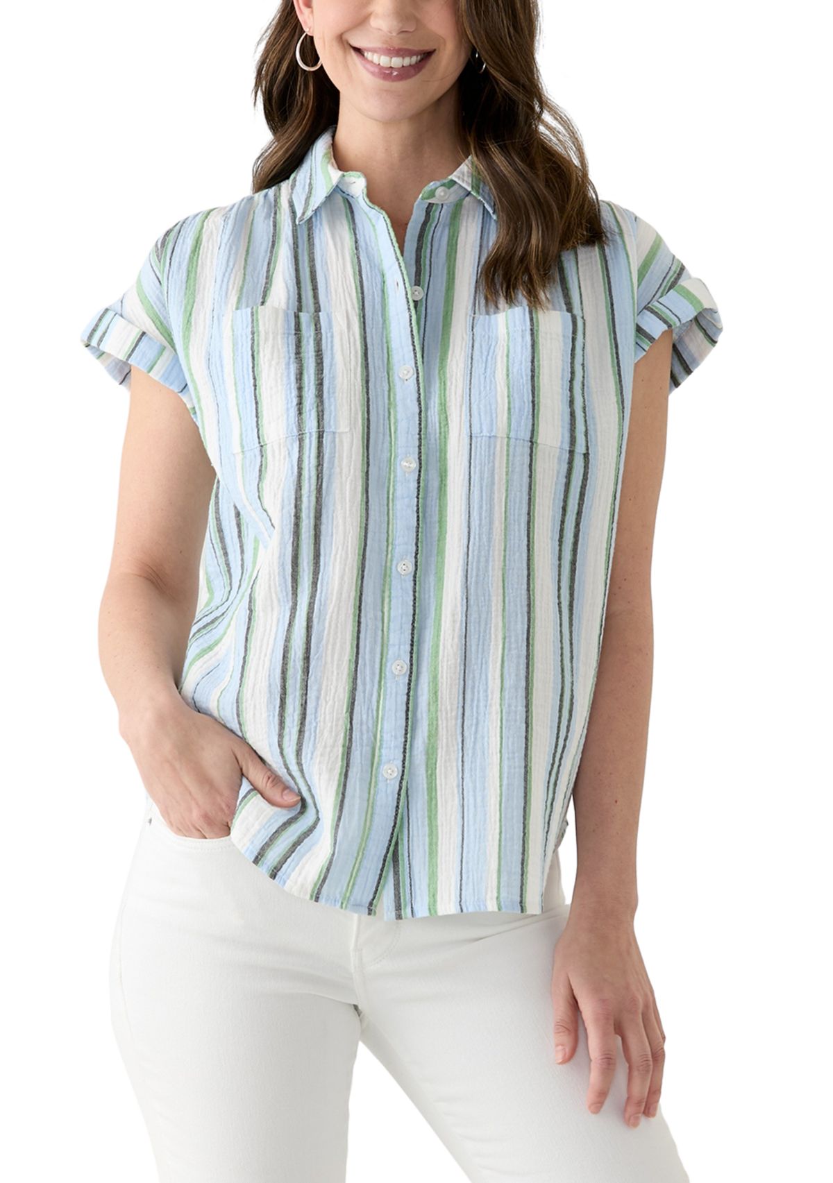 Womens Short Sleeve Shirred Shoulder Camp Shirt 