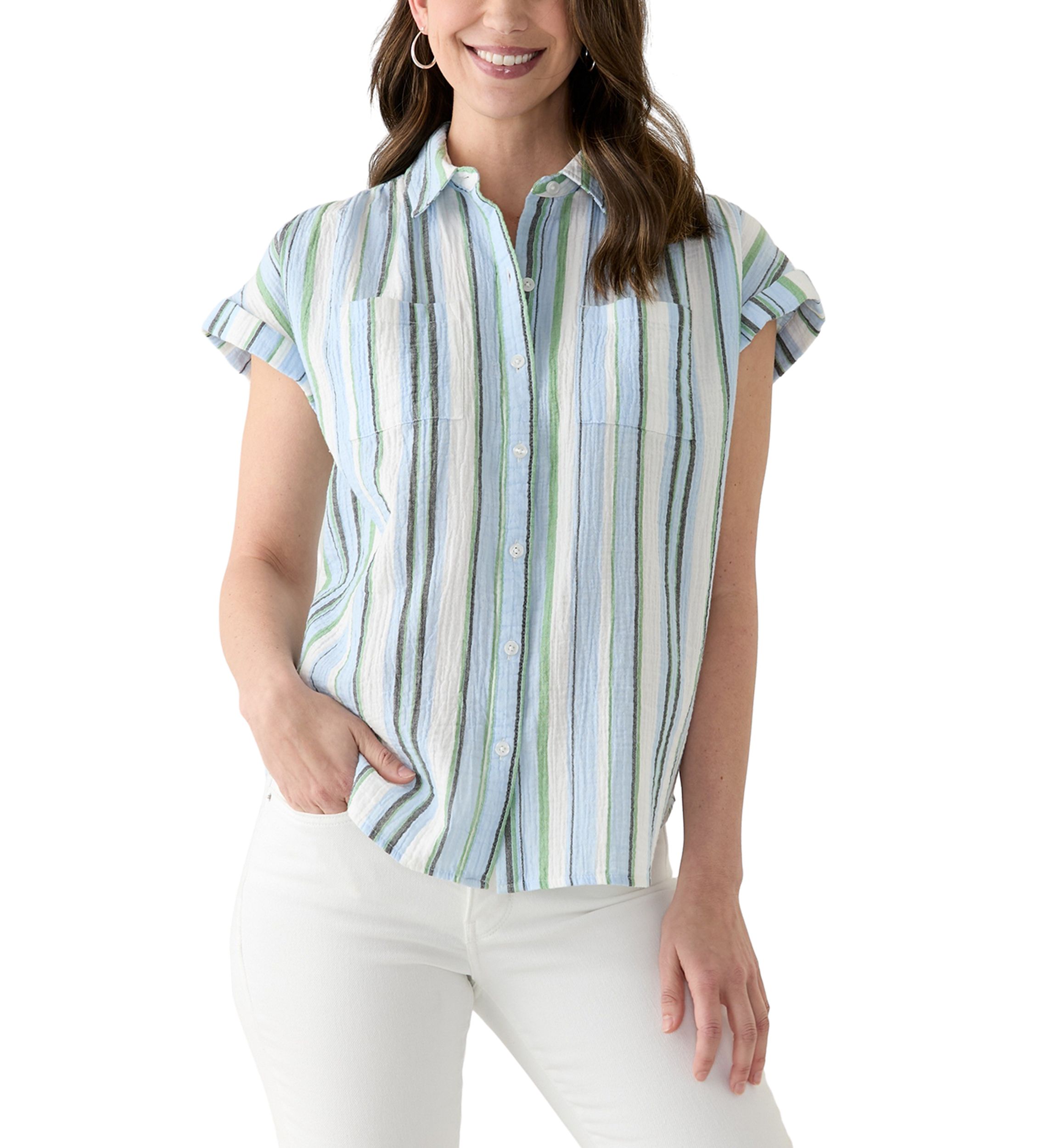 Womens Short Sleeve Shirred Shoulder Camp Shirt 