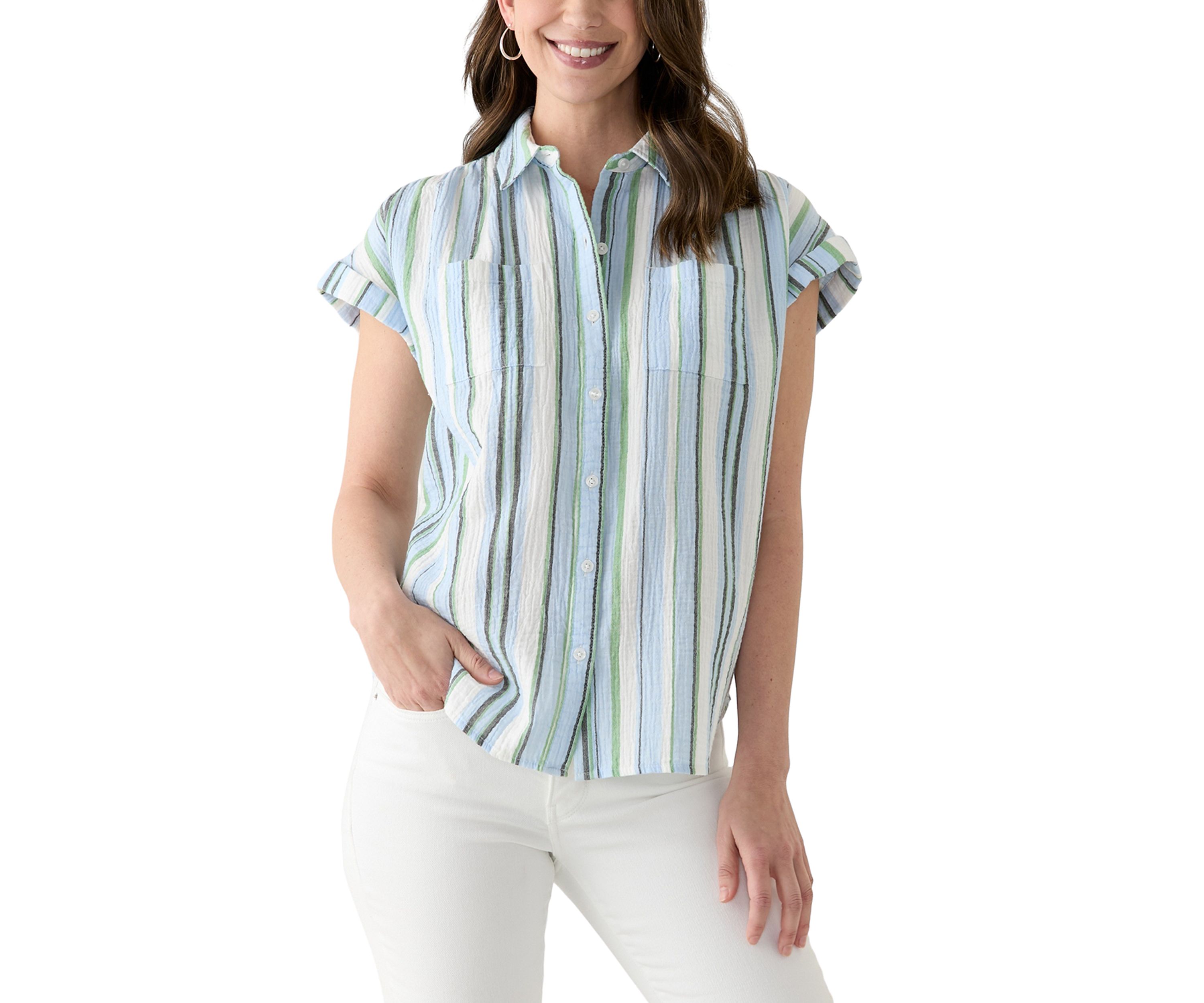 Womens Short Sleeve Shirred Shoulder Camp Shirt 