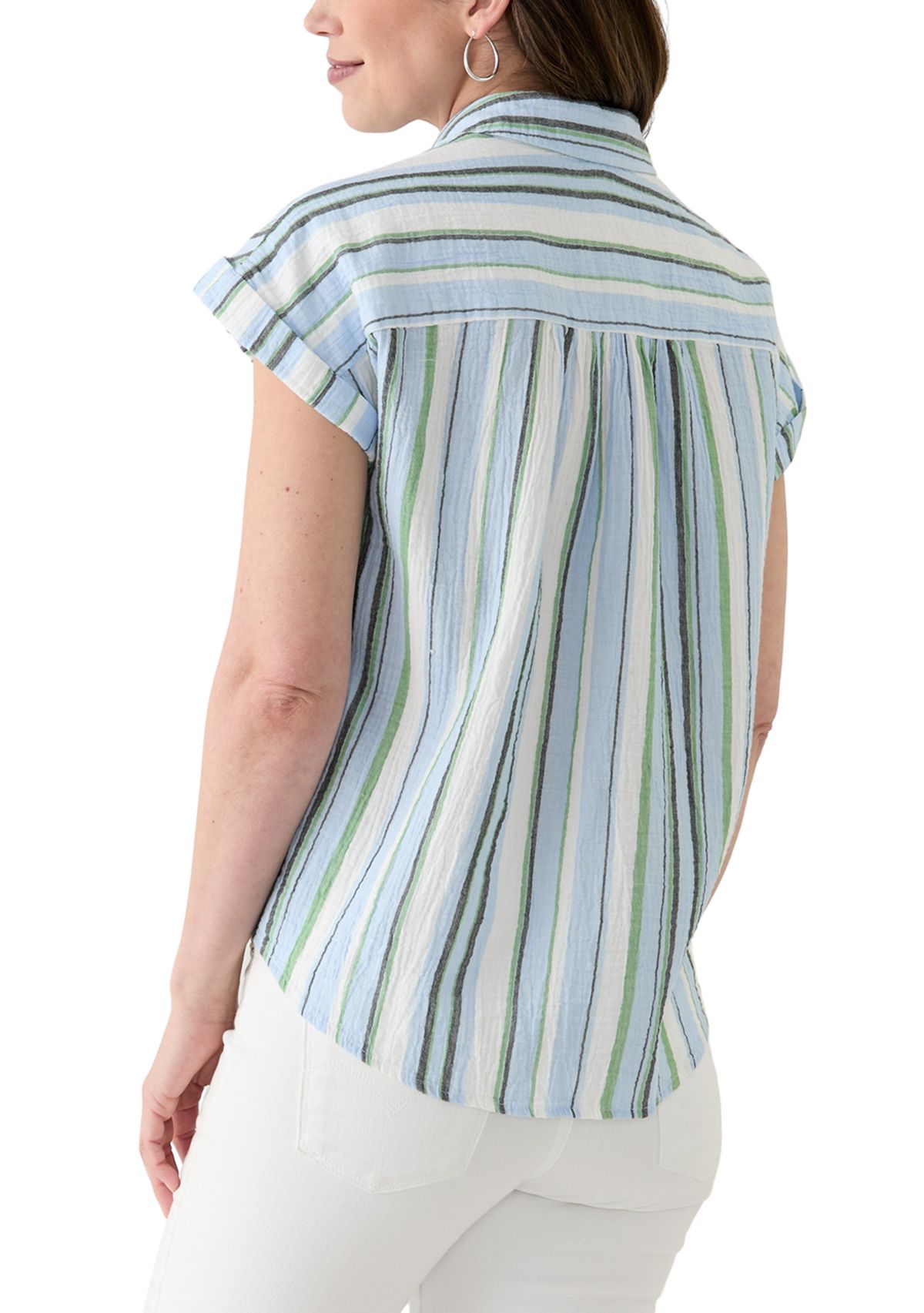 Womens Short Sleeve Shirred Shoulder Camp Shirt 