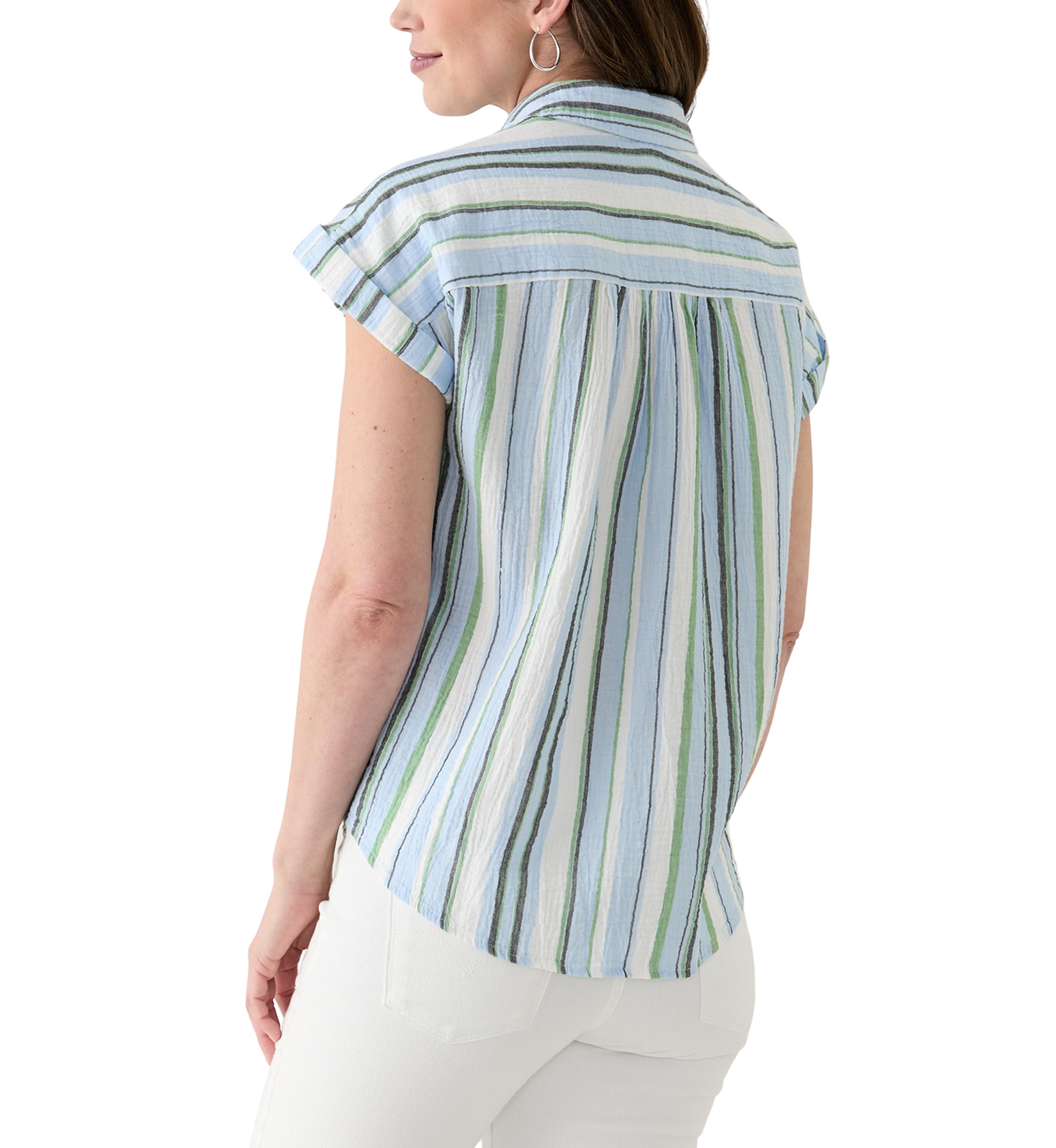 Womens Short Sleeve Shirred Shoulder Camp Shirt 
