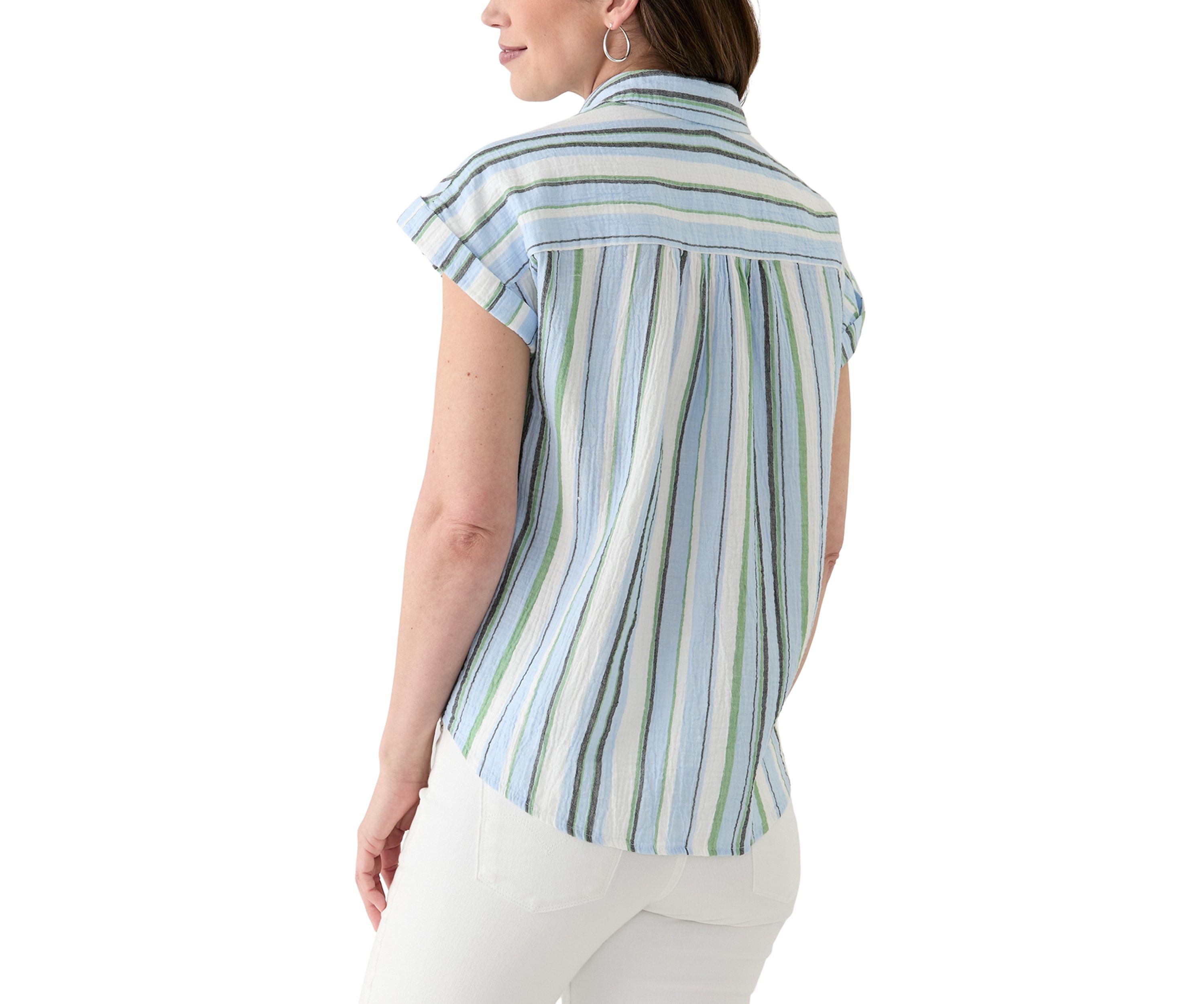 Womens Short Sleeve Shirred Shoulder Camp Shirt 