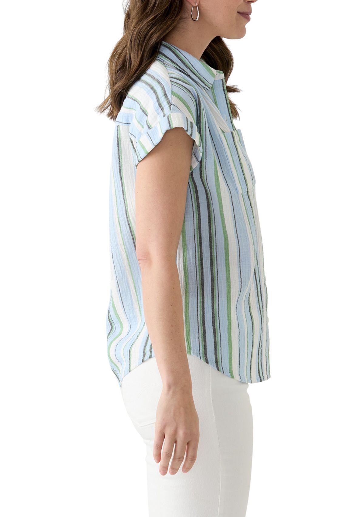 Womens Short Sleeve Shirred Shoulder Camp Shirt 