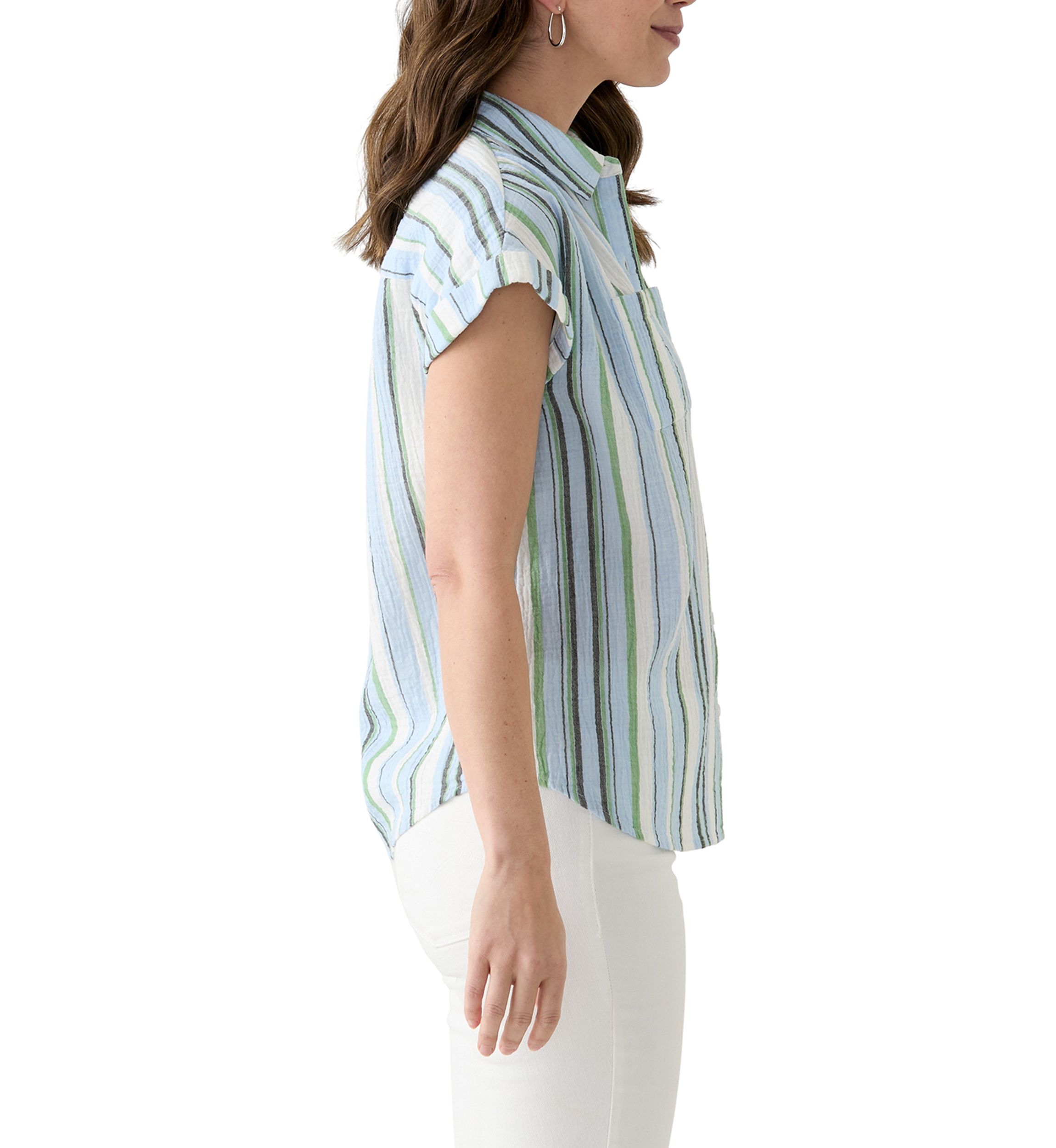 Womens Short Sleeve Shirred Shoulder Camp Shirt 
