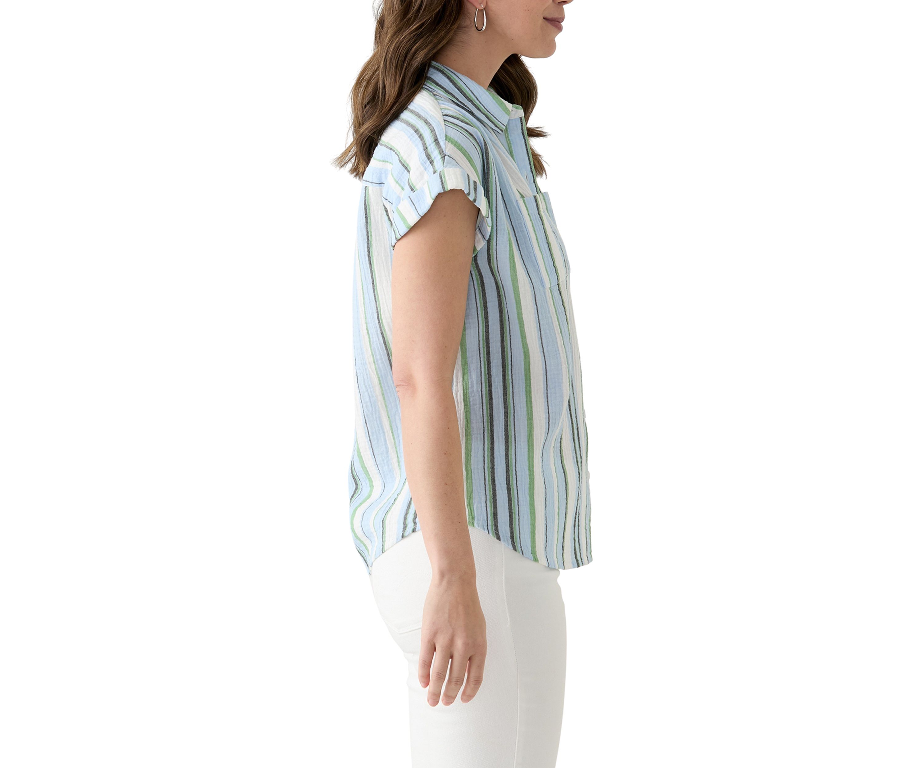 Womens Short Sleeve Shirred Shoulder Camp Shirt 