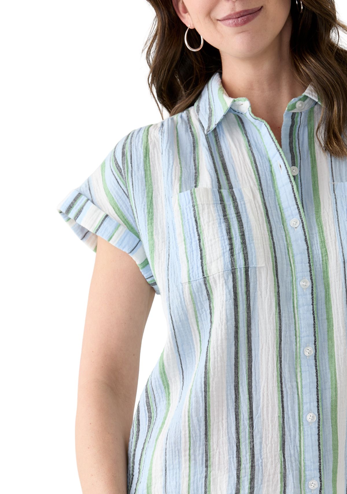 Womens Short Sleeve Shirred Shoulder Camp Shirt 