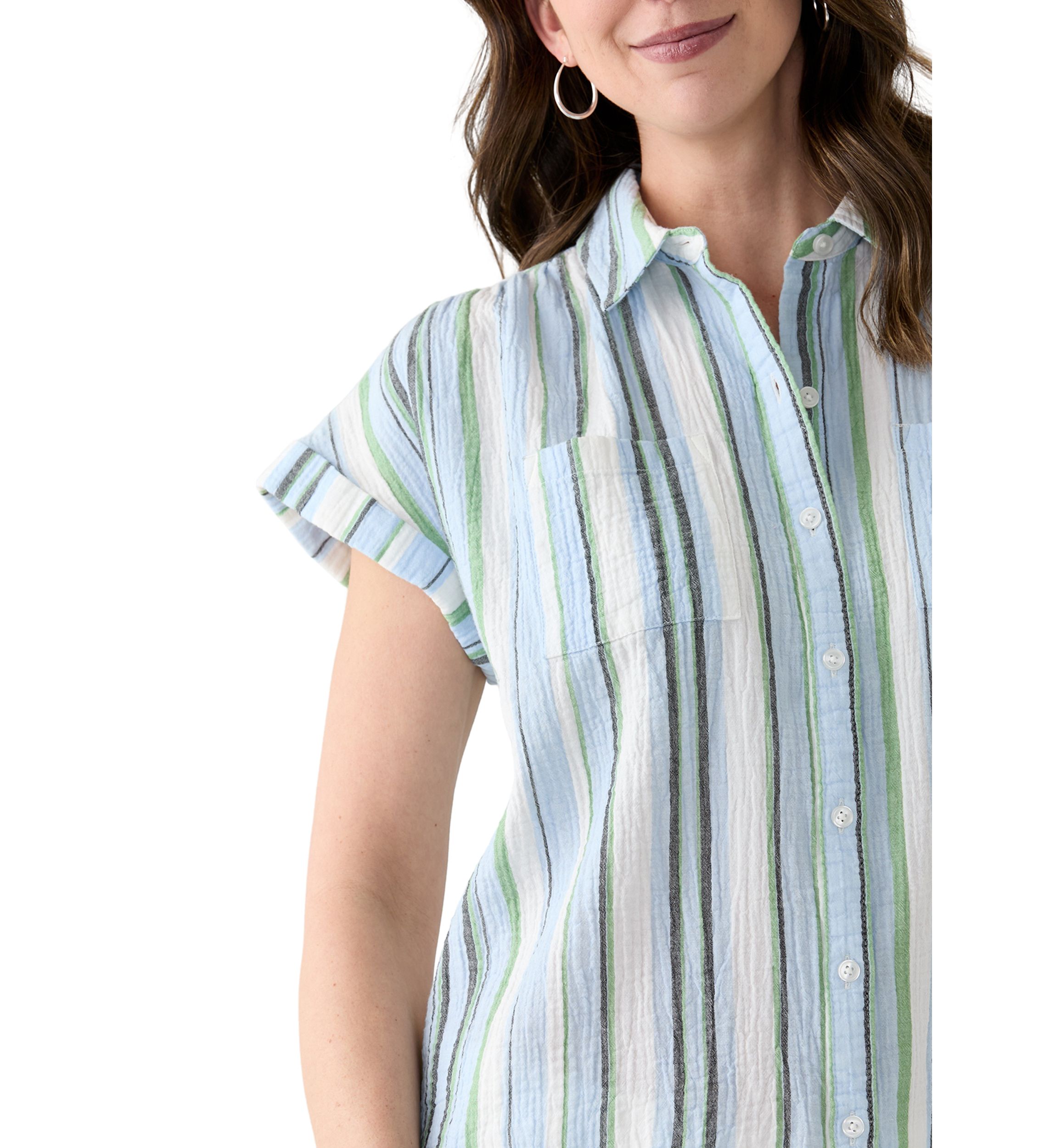Womens Short Sleeve Shirred Shoulder Camp Shirt 