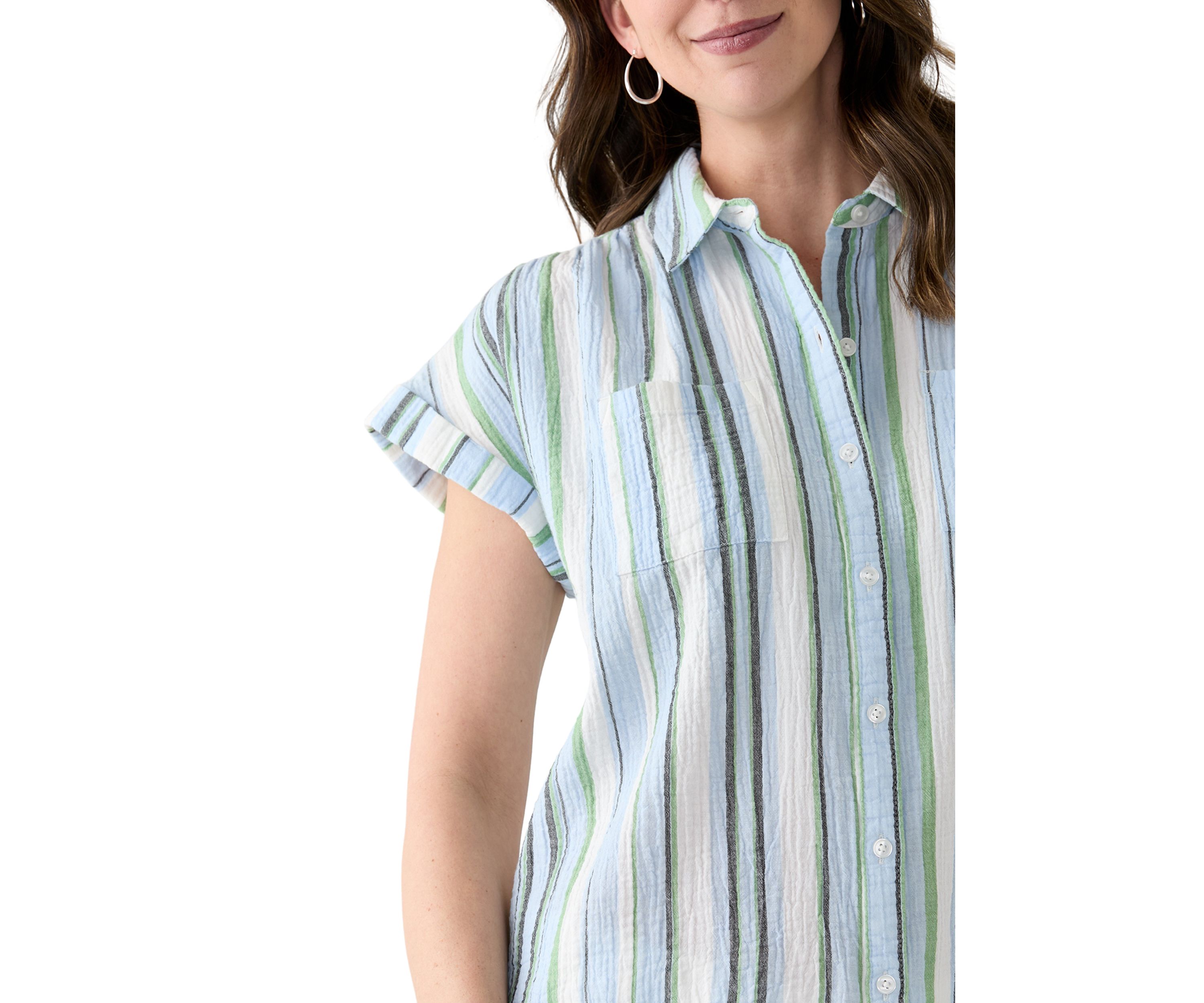 Womens Short Sleeve Shirred Shoulder Camp Shirt 