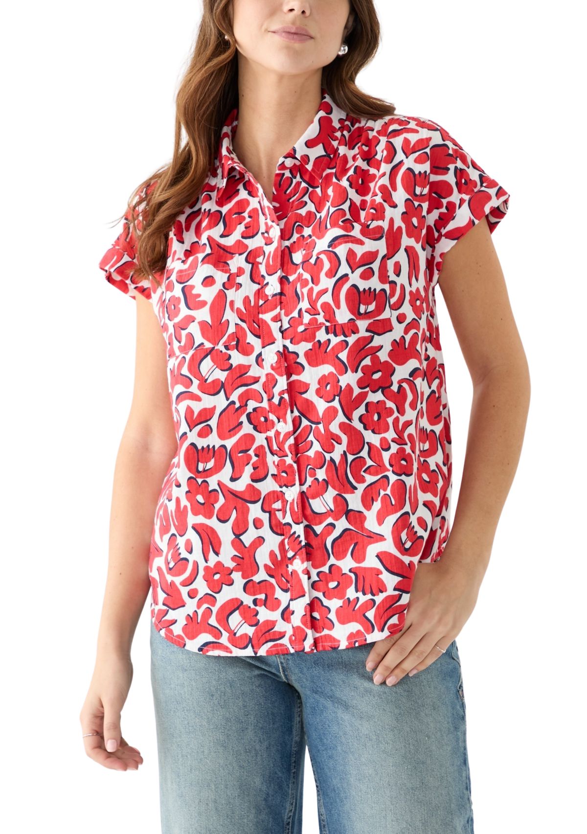 Womens Short Sleeve Shirred Shoulder Printed Camp Shirt