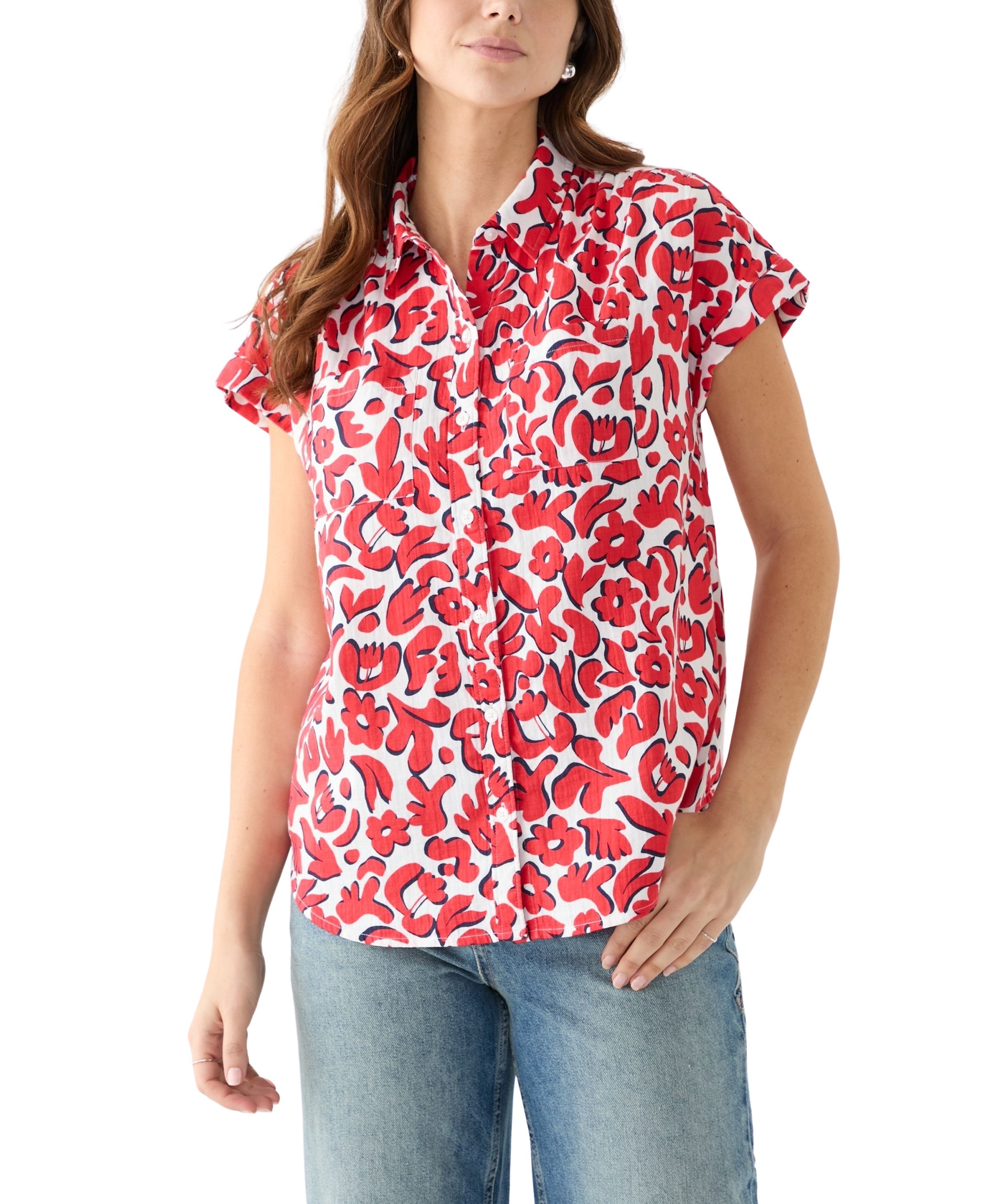 Womens Short Sleeve Shirred Shoulder Printed Camp Shirt