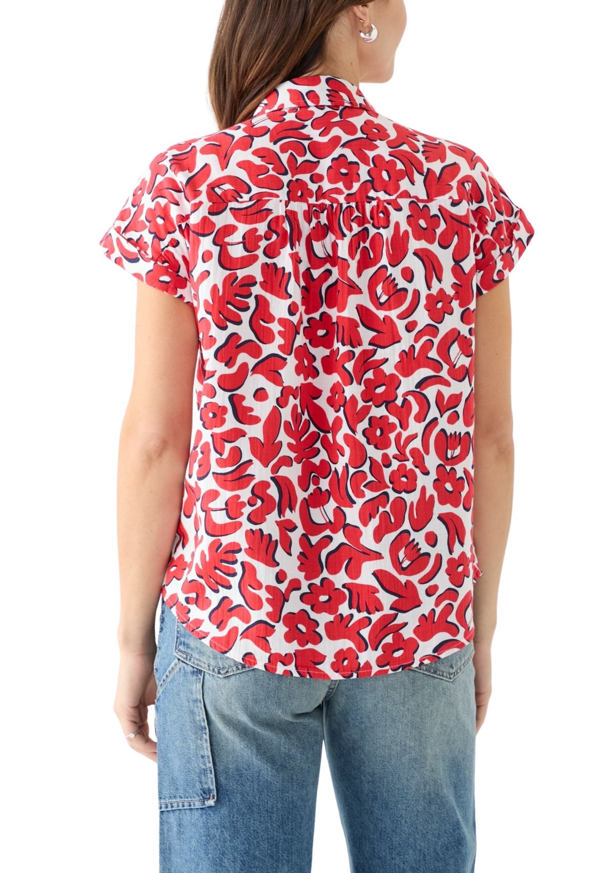 Womens Short Sleeve Shirred Shoulder Printed Camp Shirt