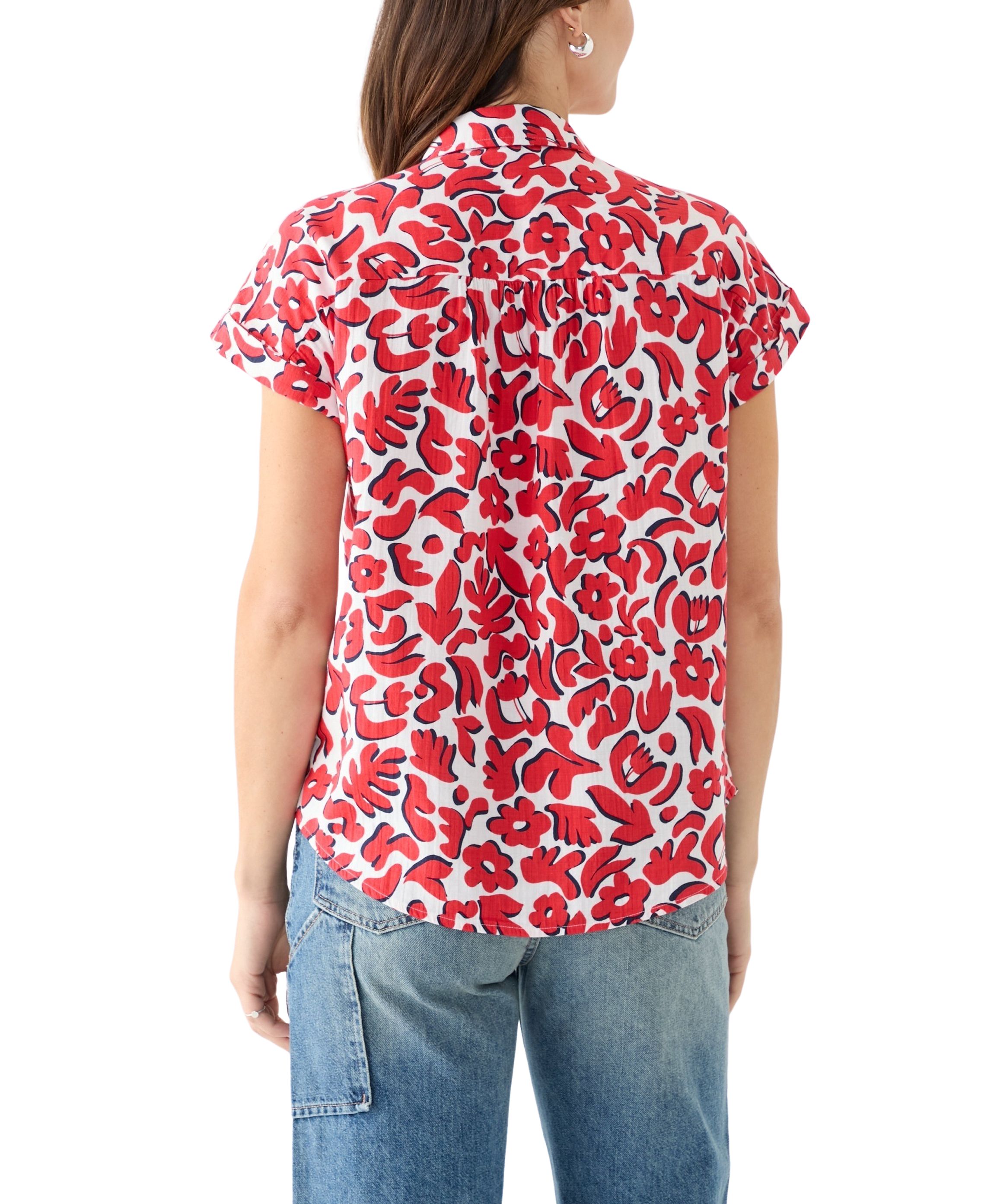 Womens Short Sleeve Shirred Shoulder Printed Camp Shirt
