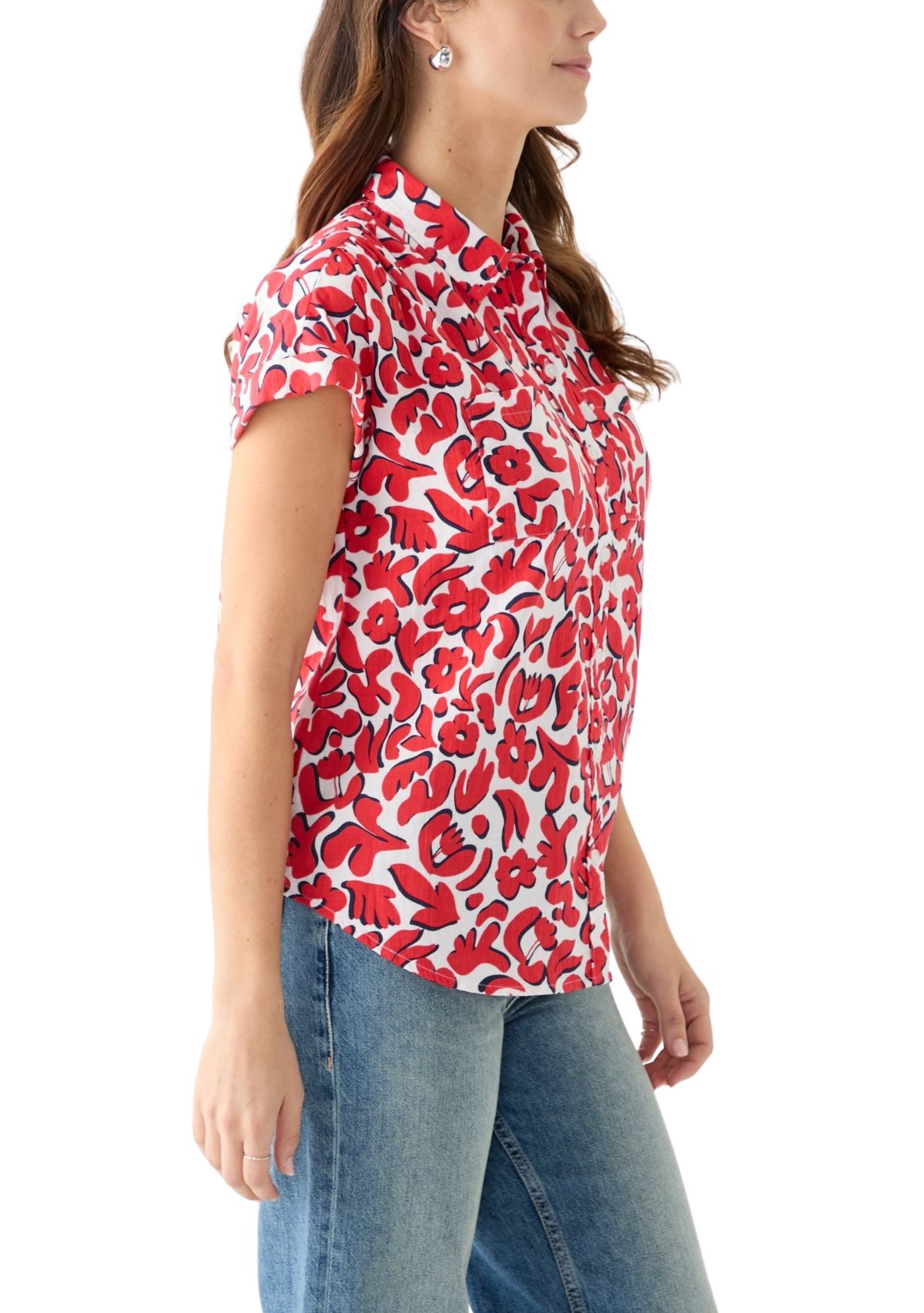 Womens Short Sleeve Shirred Shoulder Printed Camp Shirt