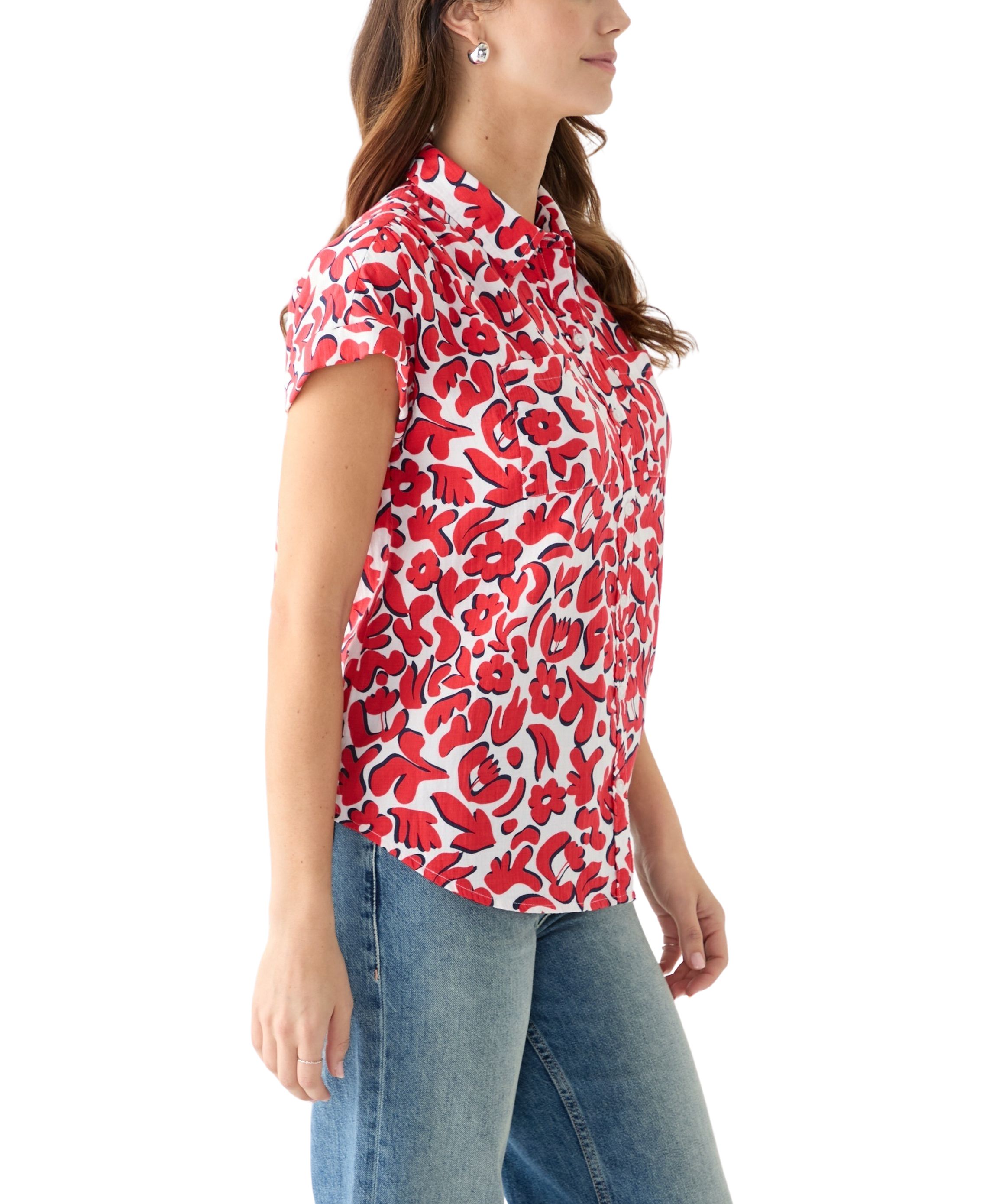 Womens Short Sleeve Shirred Shoulder Printed Camp Shirt