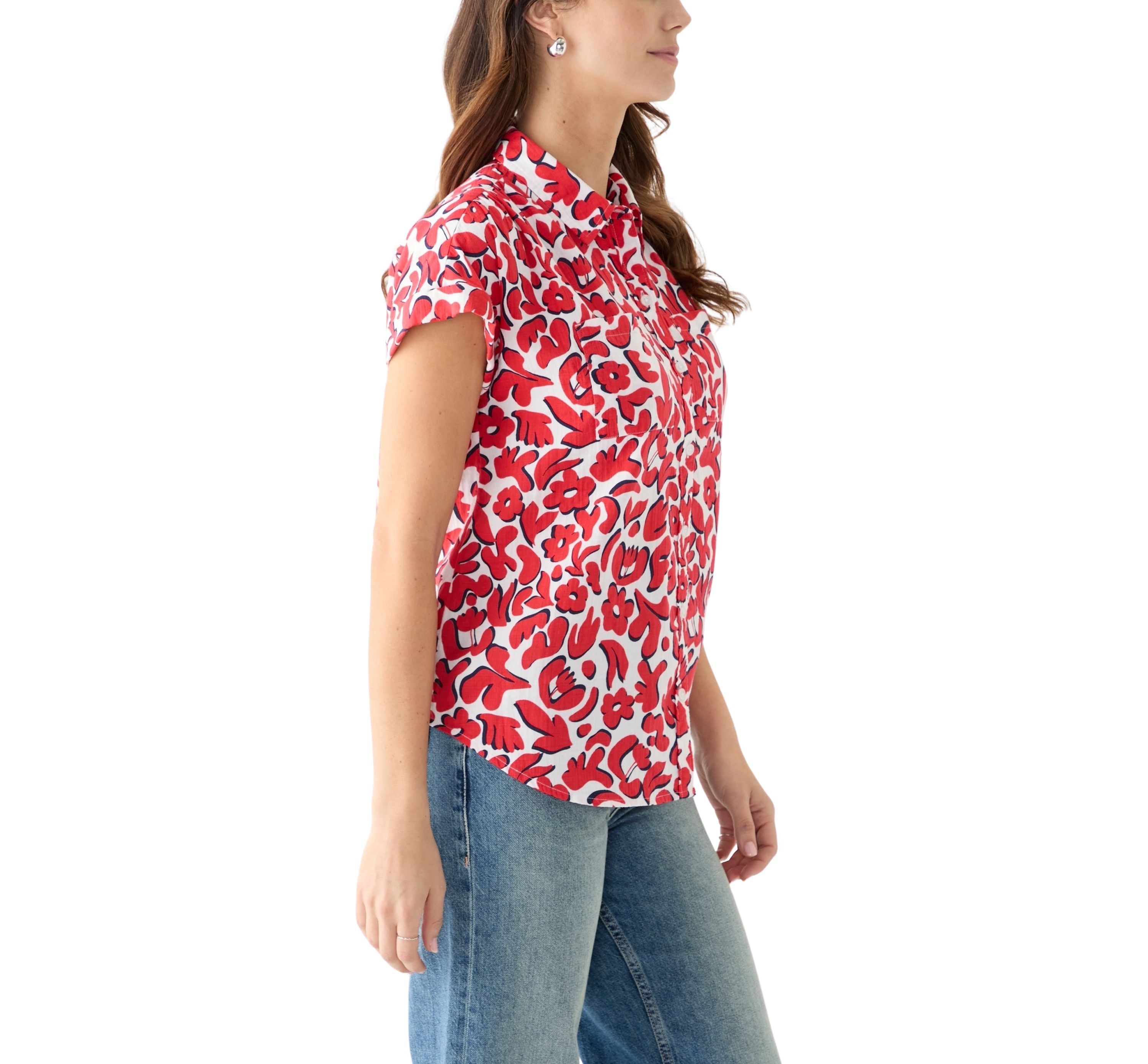 Womens Short Sleeve Shirred Shoulder Printed Camp Shirt