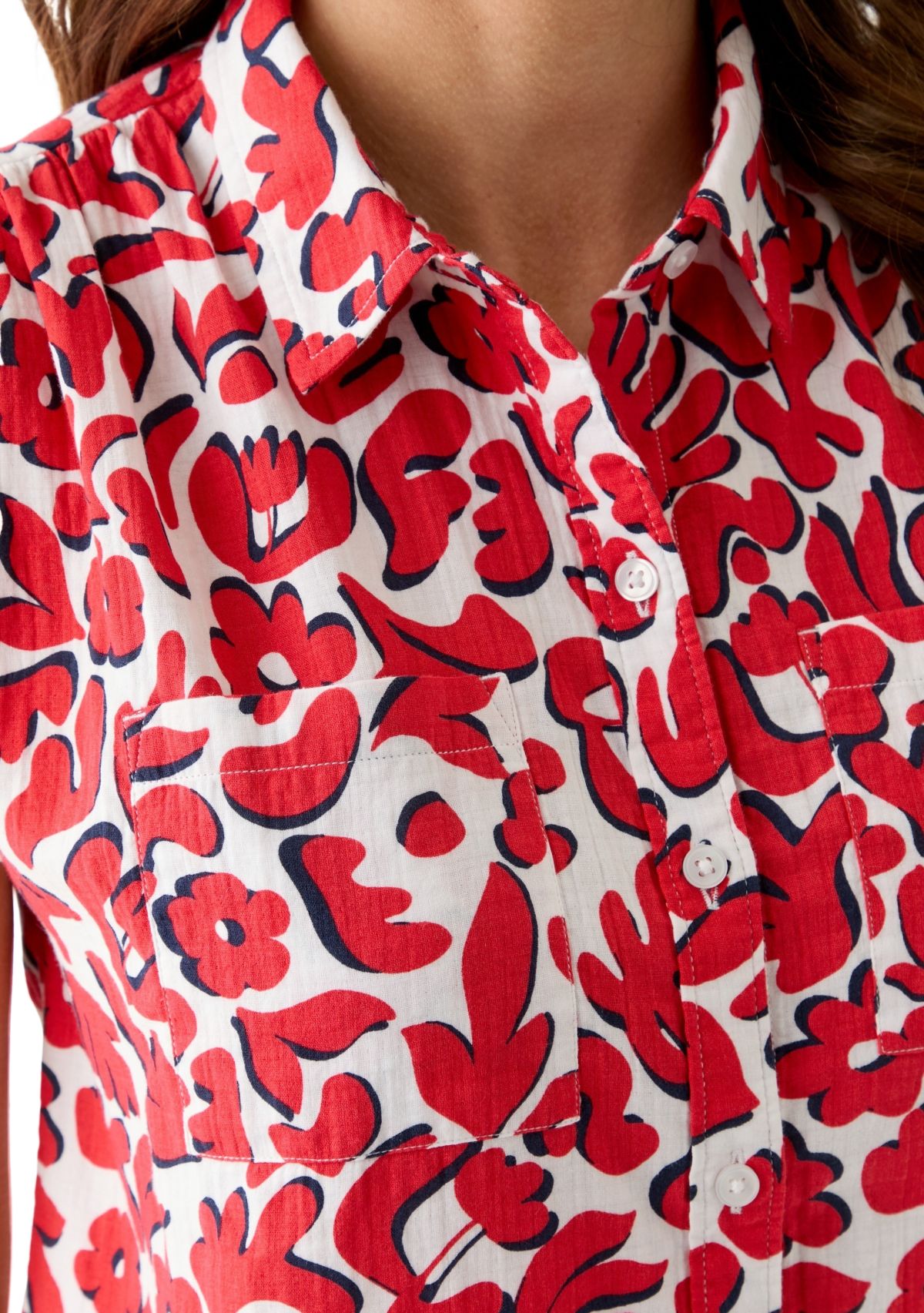 Womens Short Sleeve Shirred Shoulder Printed Camp Shirt