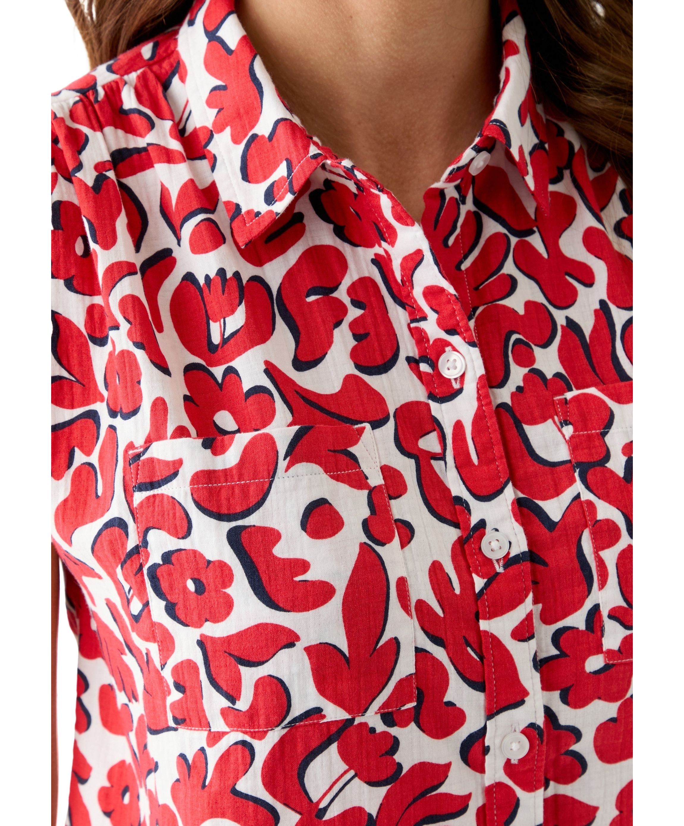 Womens Short Sleeve Shirred Shoulder Printed Camp Shirt