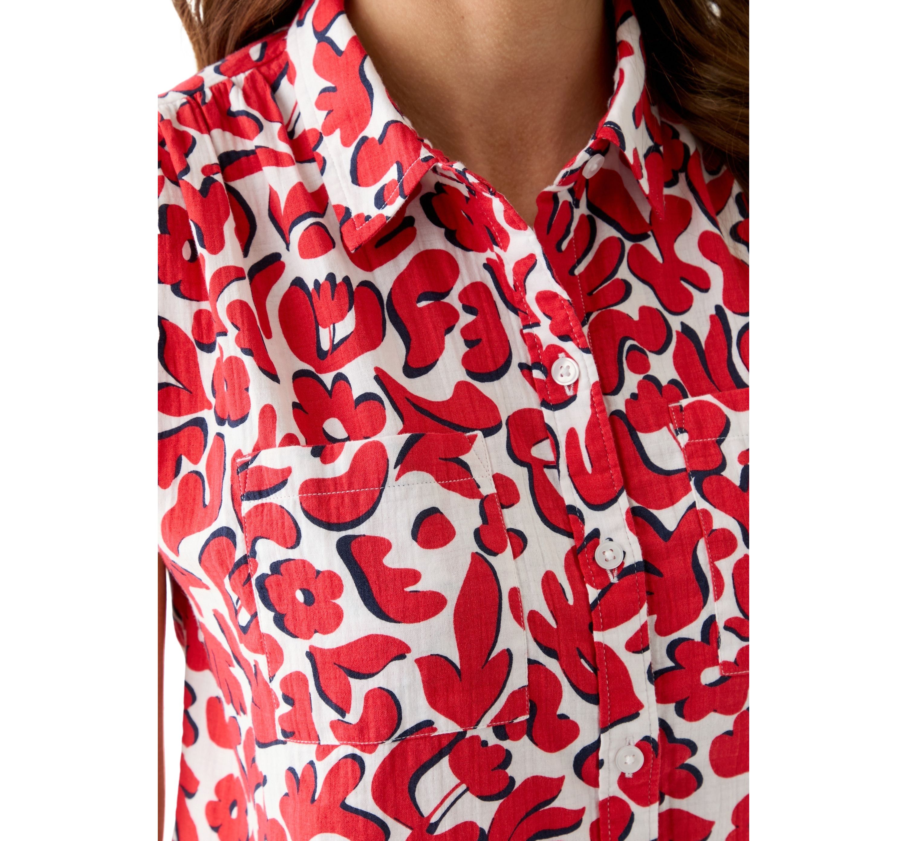 Womens Short Sleeve Shirred Shoulder Printed Camp Shirt