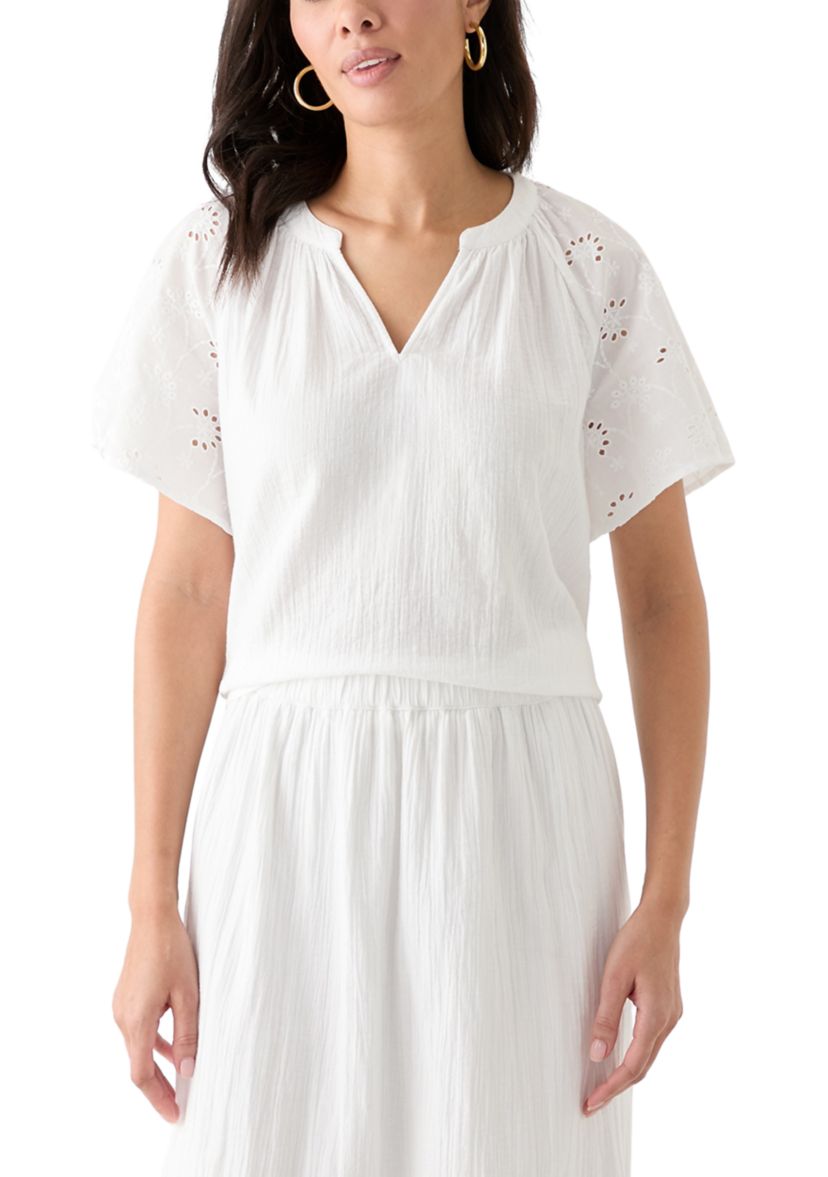 Womens Split Neck Flutter Sleeve Top