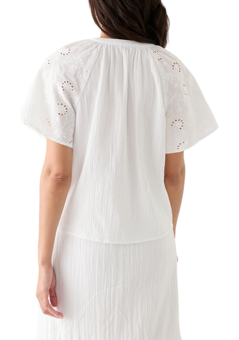Womens Split Neck Flutter Sleeve Top