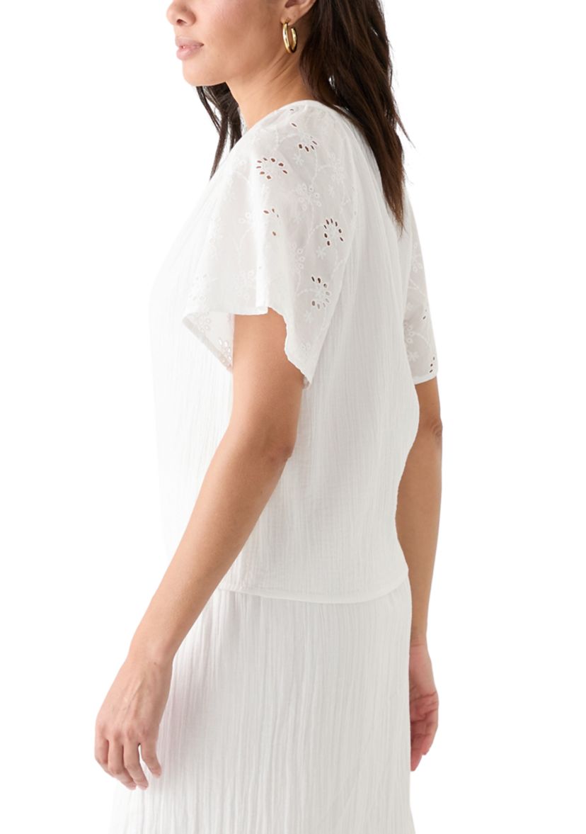 Womens Split Neck Flutter Sleeve Top