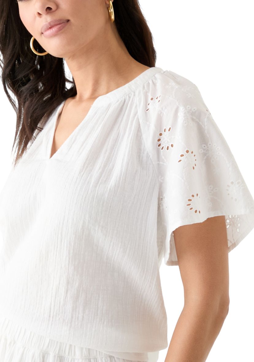Womens Split Neck Flutter Sleeve Top