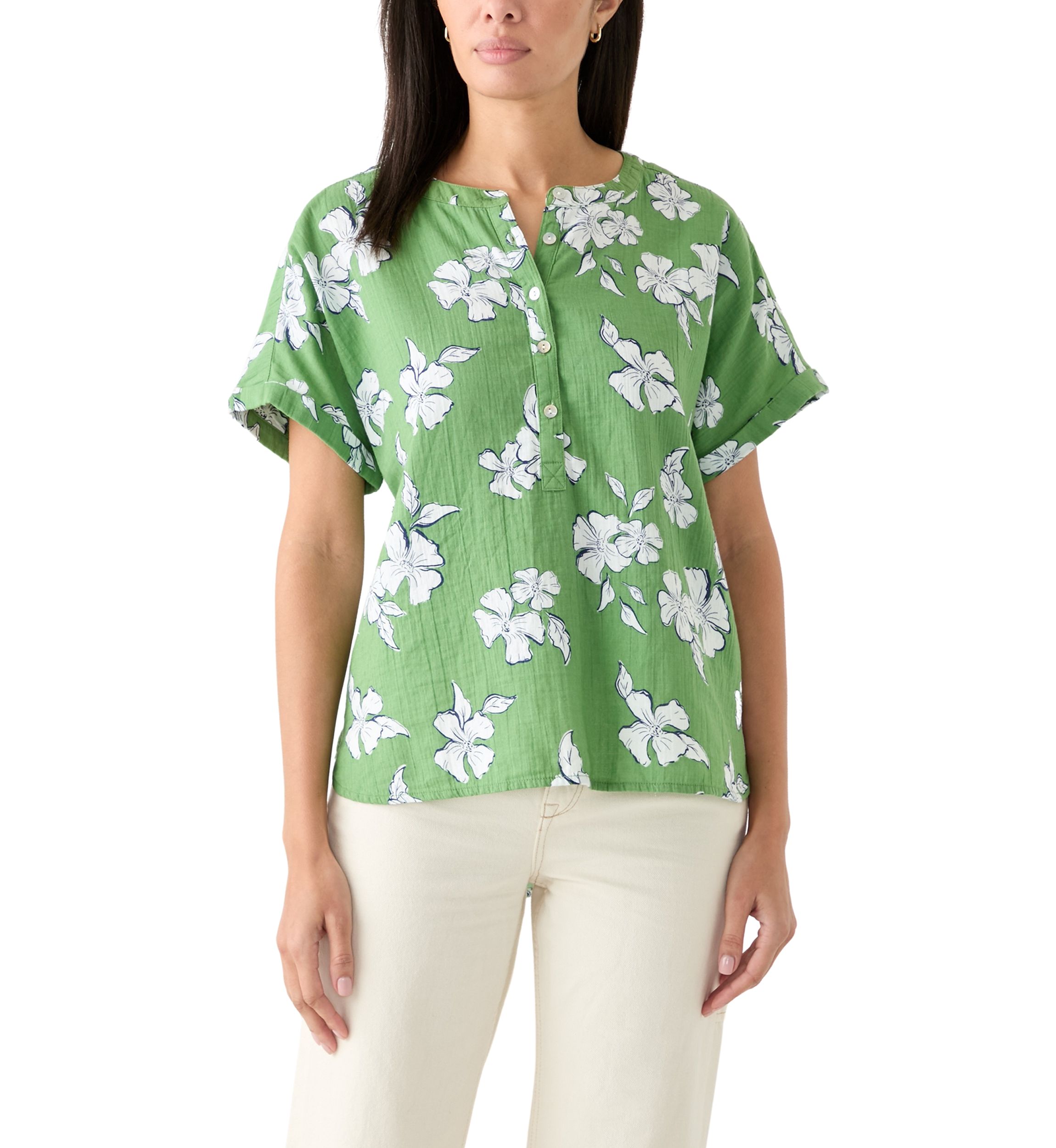 Womens Roll Sleeve Printed Popover Shirt 
