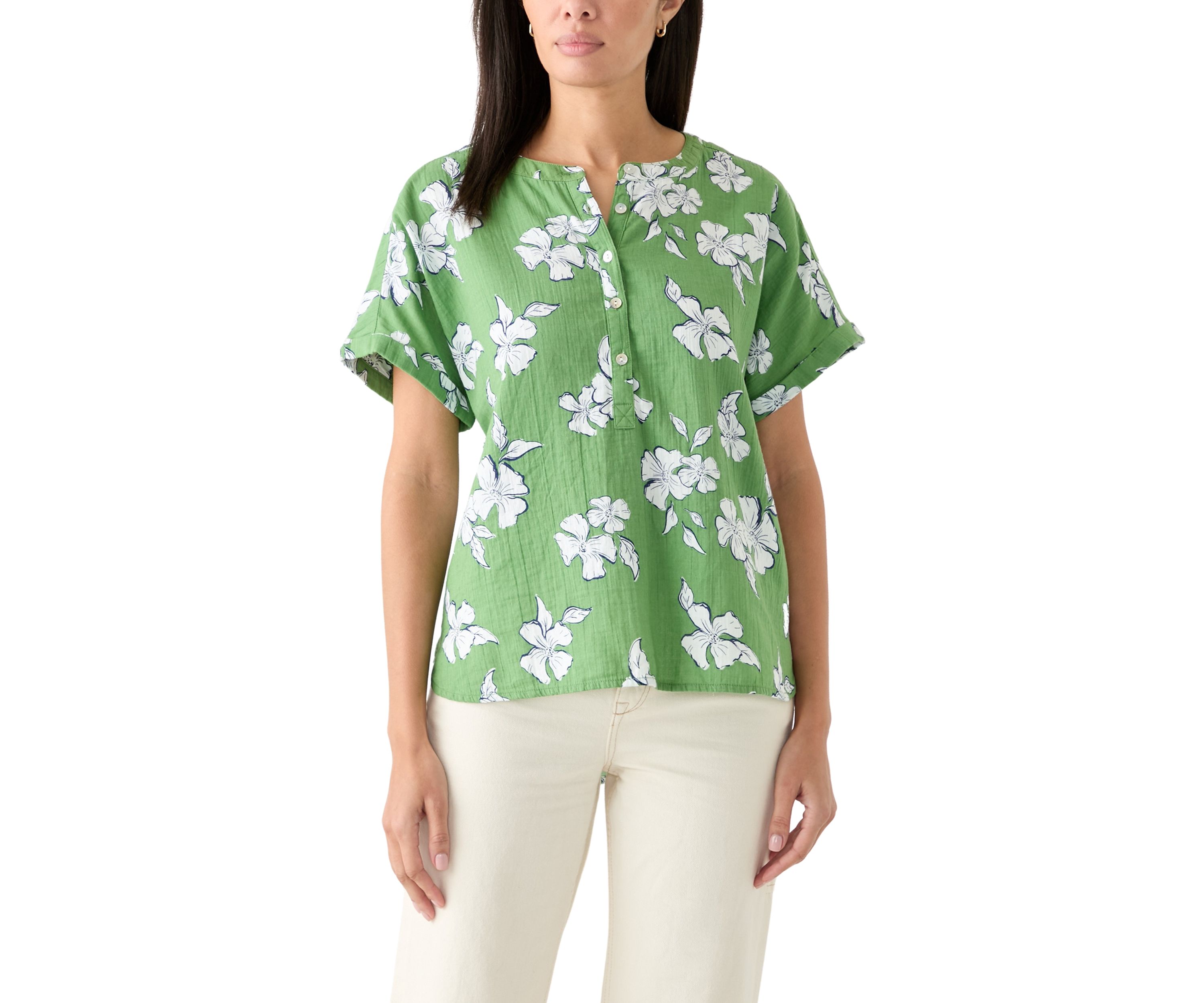Womens Roll Sleeve Printed Popover Shirt 