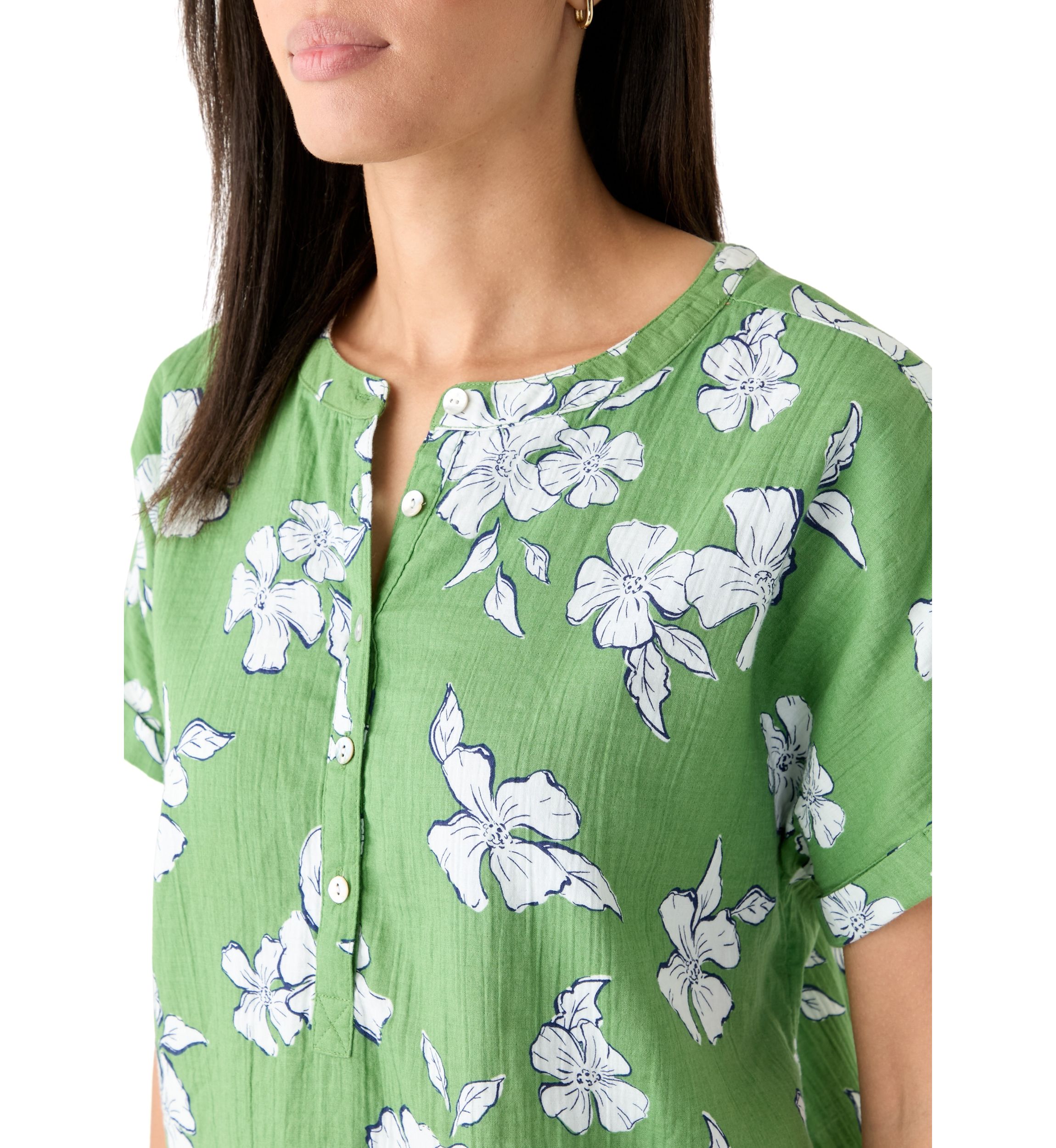 Womens Roll Sleeve Printed Popover Shirt 