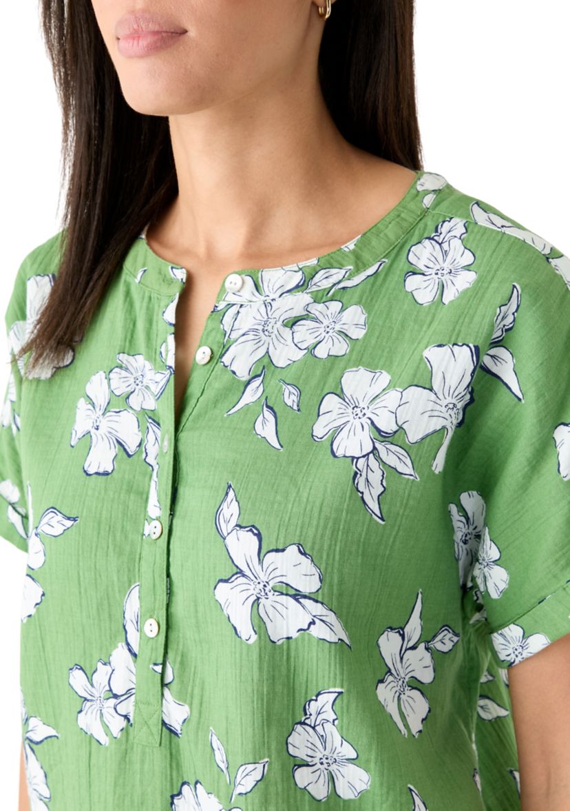 Womens Roll Sleeve Printed Popover Shirt 