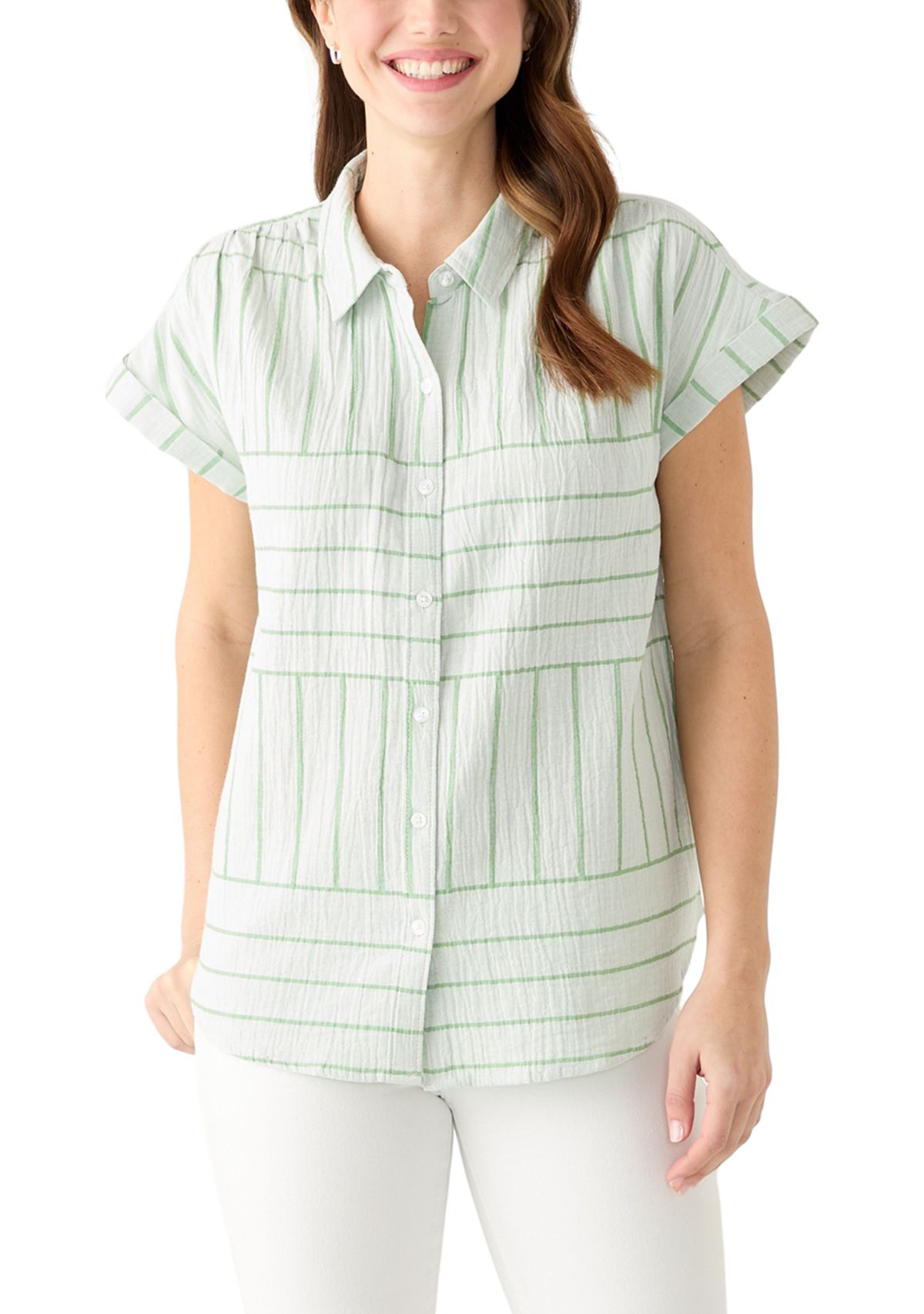Womens Short Sleeve Striped Camp Shirt 