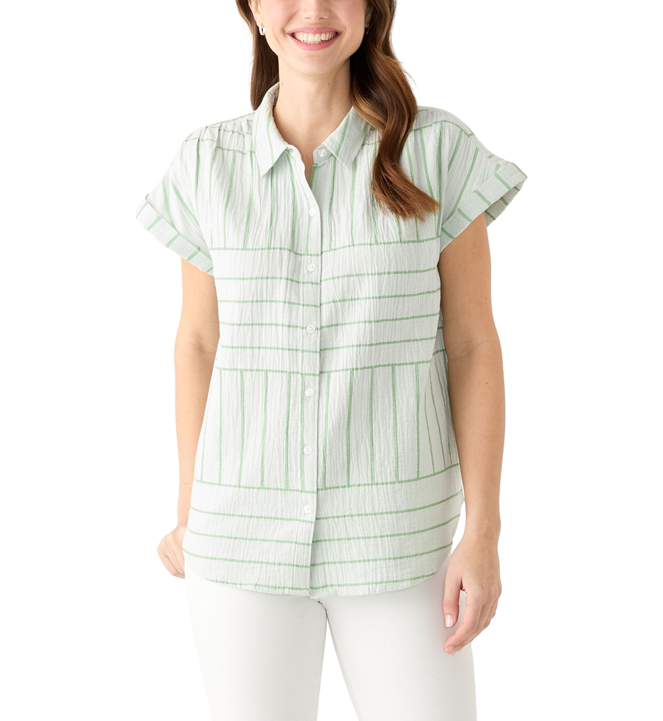 Womens Short Sleeve Striped Camp Shirt 