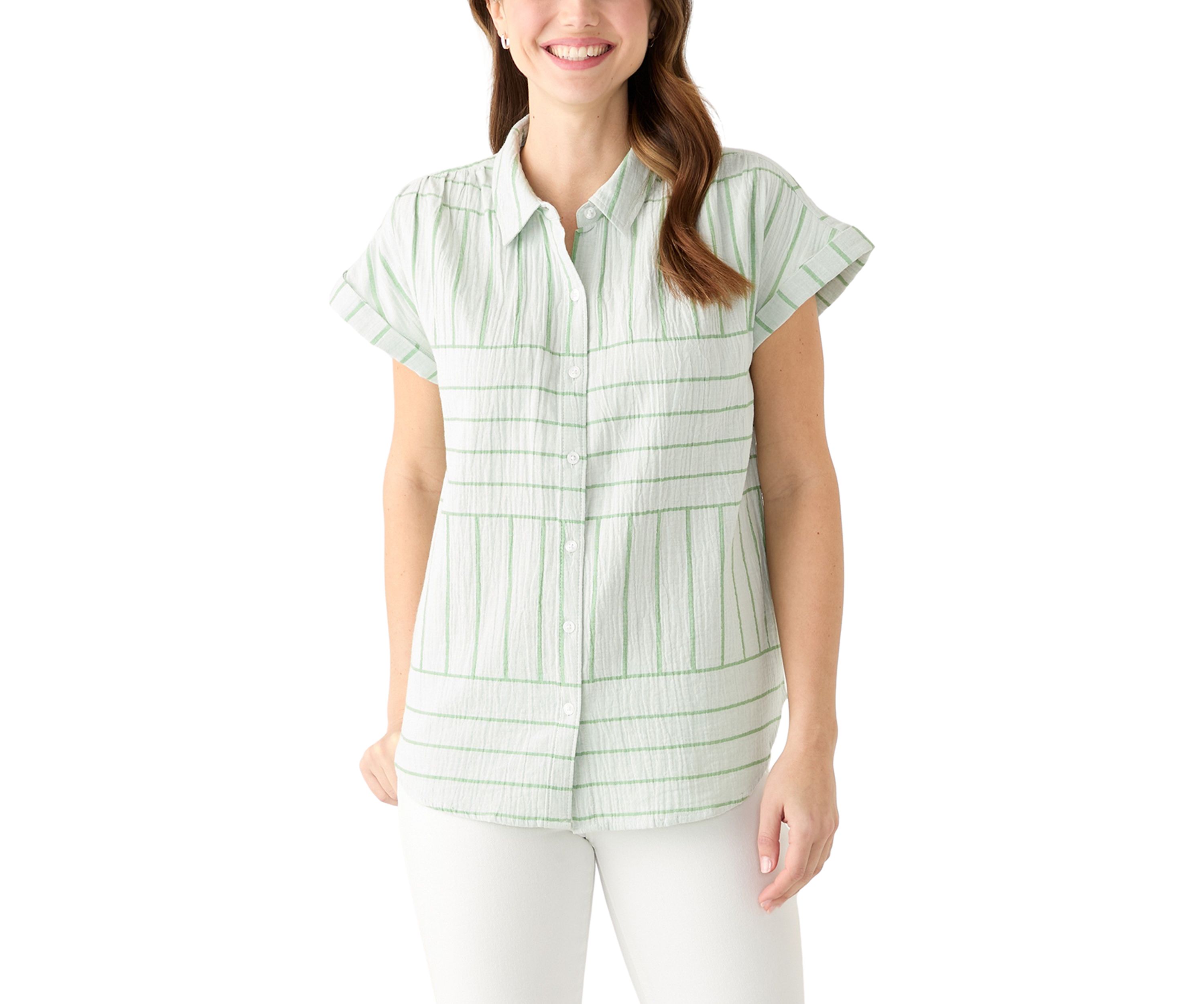 Womens Short Sleeve Striped Camp Shirt 