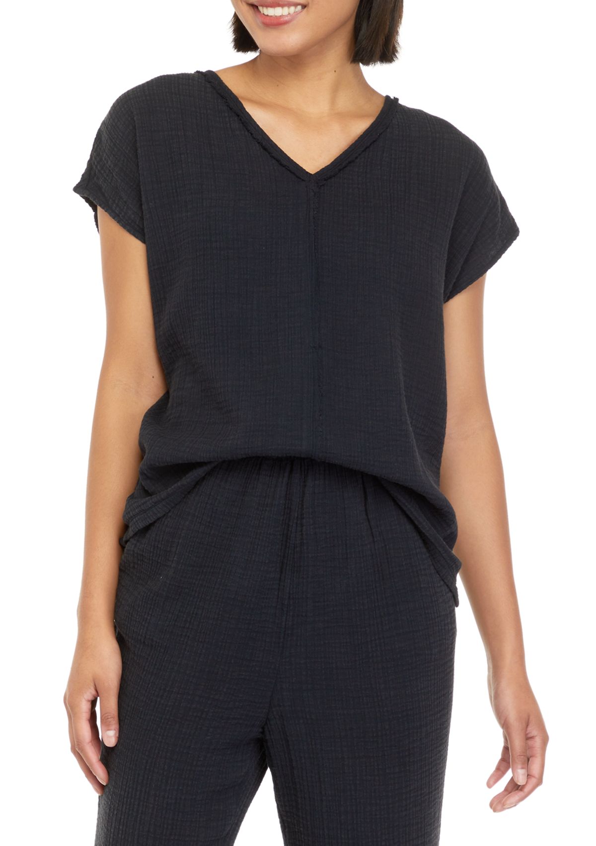 Petite Short Sleeve Cotton Gauze V-Neck Dolman Top									