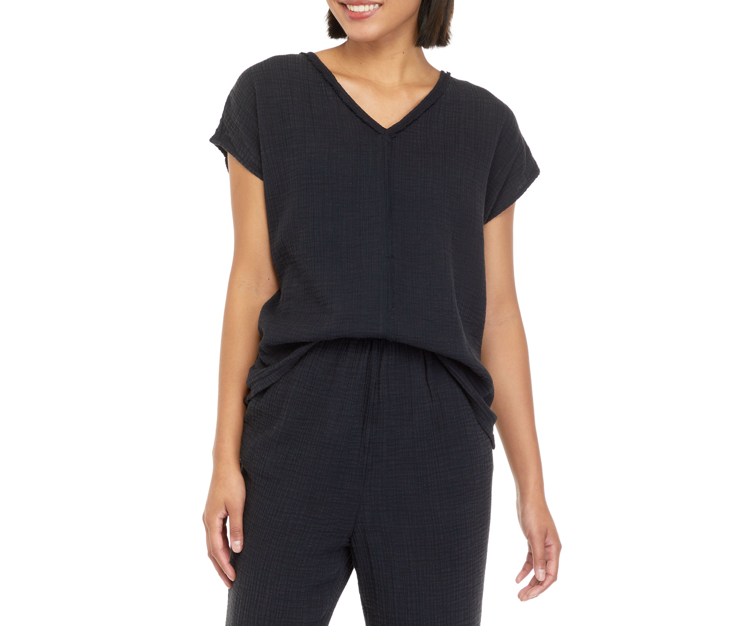 Petite Short Sleeve Cotton Gauze V-Neck Dolman Top									