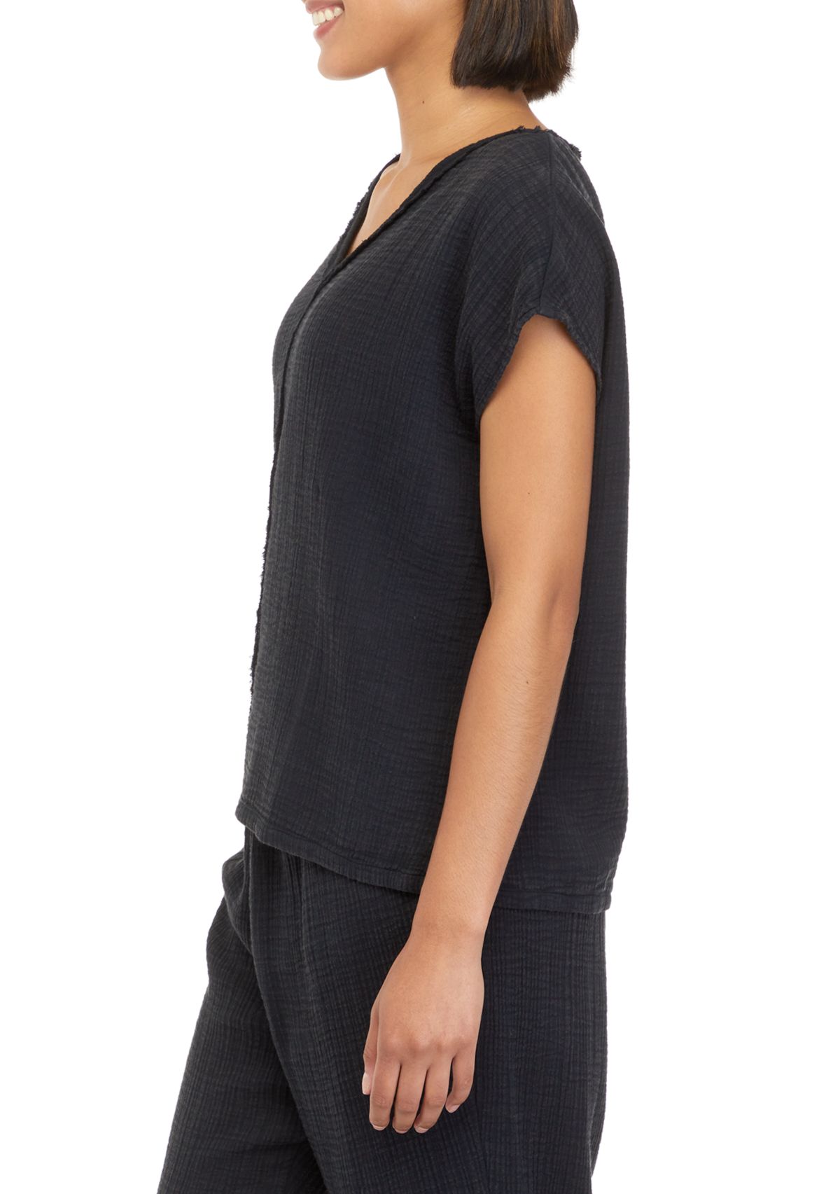 Petite Short Sleeve Cotton Gauze V-Neck Dolman Top									