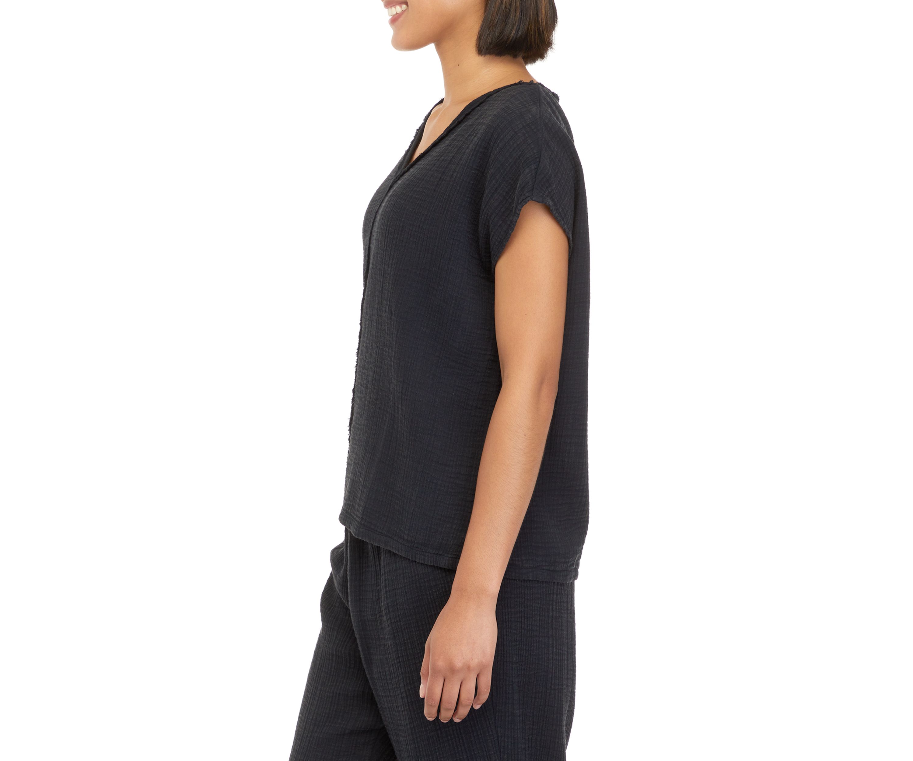 Petite Short Sleeve Cotton Gauze V-Neck Dolman Top									